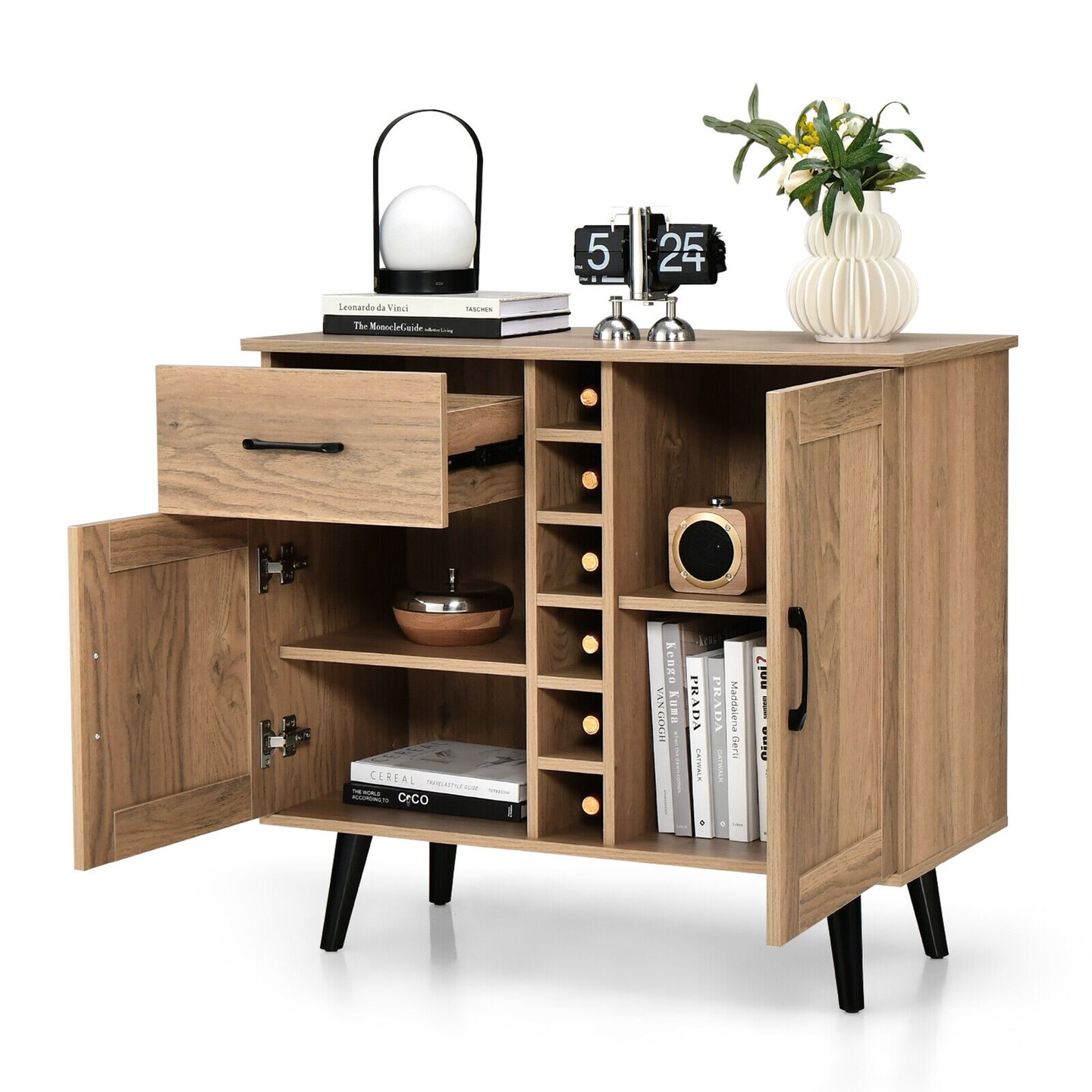 Farmhouse Wine Storage Cabinet with Adjustable Shelves Drawer and Countertop