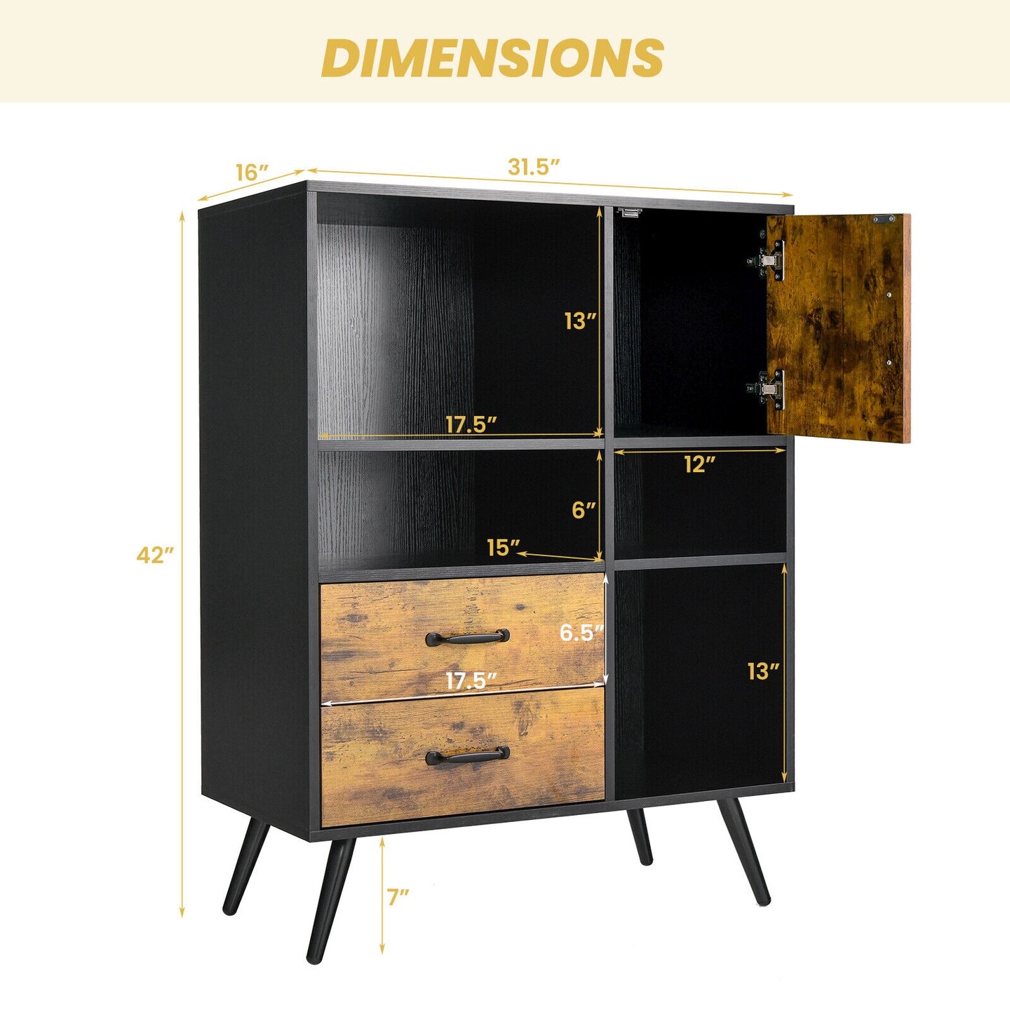 Industrial Sideboard Cabinet with Drawer Storage and Open Compartments Brown Black