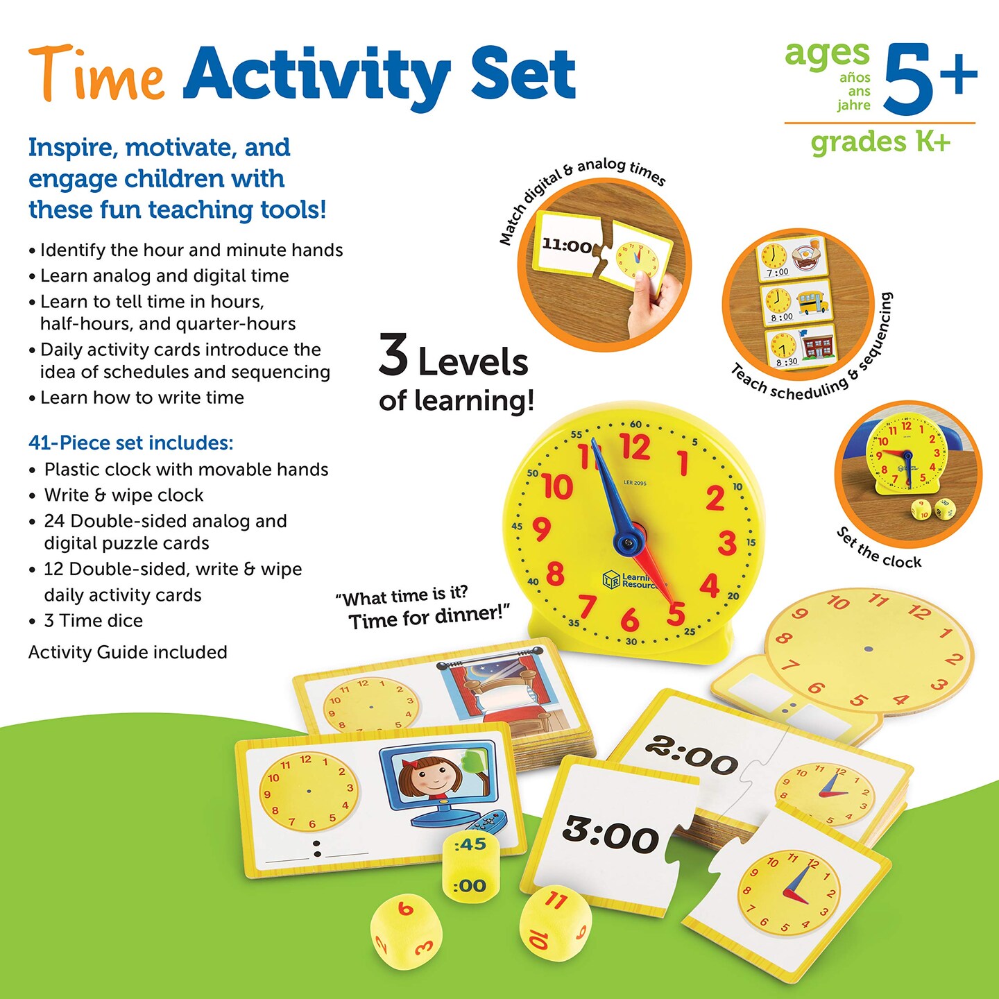 Learning Resources Time Activity Set - 41 Pieces, Ages 5+,Clock for Teaching Time, Telling Time, Homeschool Supplies, Montessori Clock