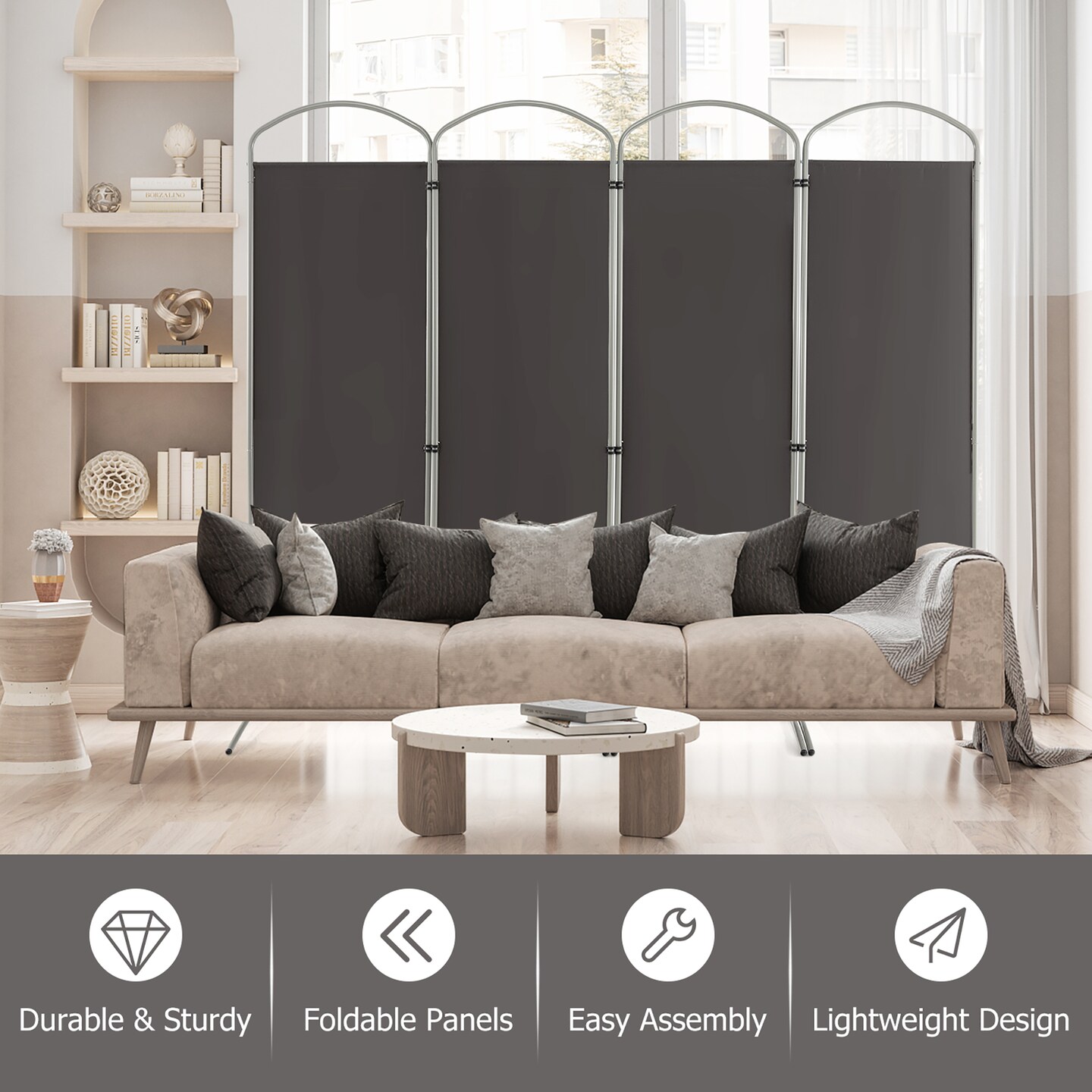 Costway 4 Panels Folding Room Divider 6 Ft Tall Fabric Privacy Screen Black/Brown/Grey/White