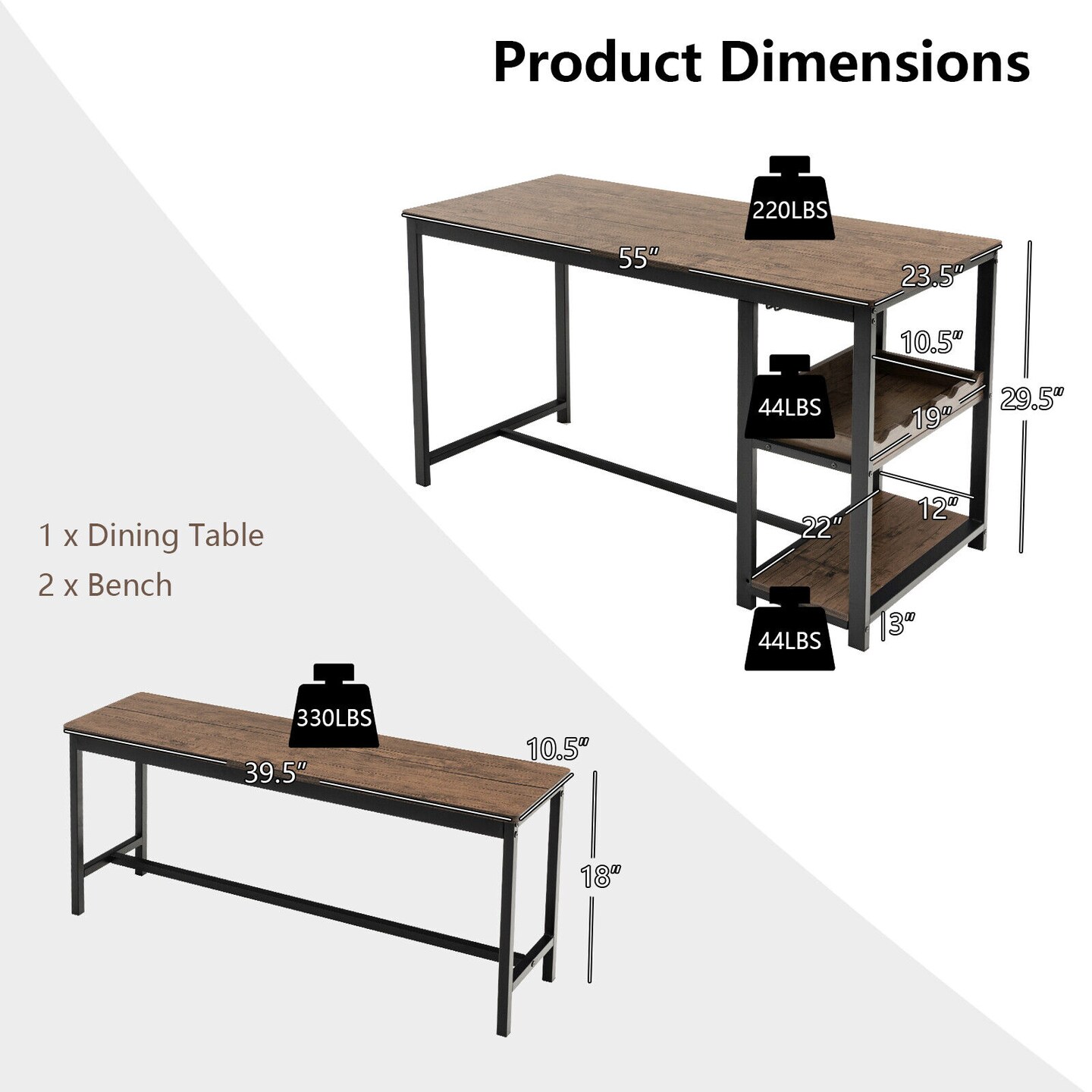 3 Piece Dining Table Set with Wine Rack and Storage Shelf Coffee Black