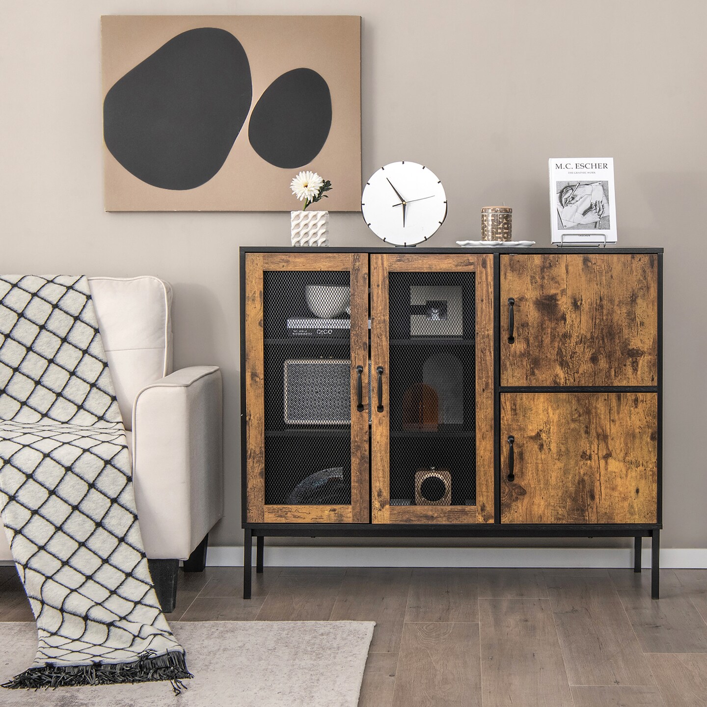 Costway Farmhouse Buffet Sideboard Console Table Cupboard with Metal Mesh Doors & Cabinets