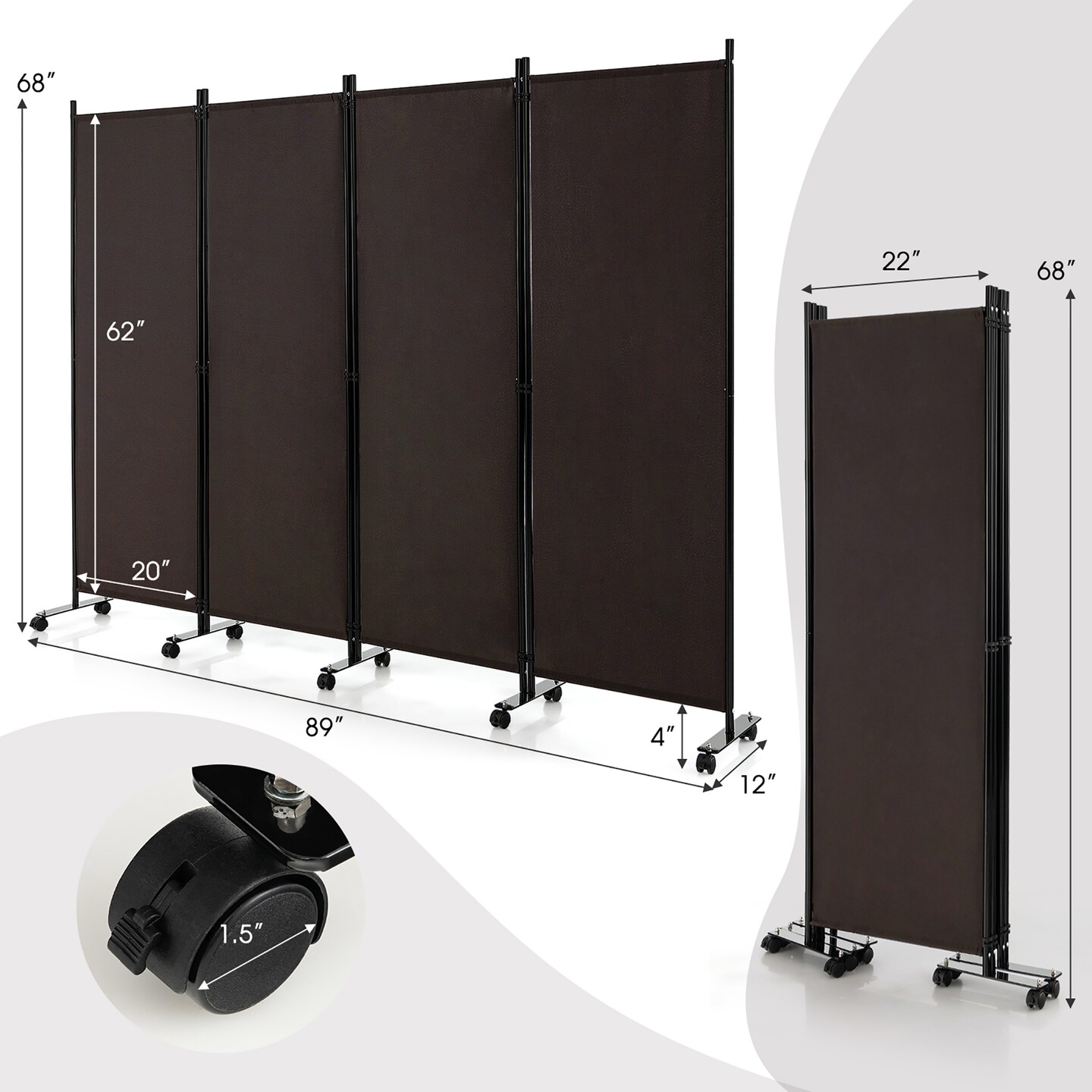 Costway 4-Panel Folding Room Divider 6FT Rolling Privacy Screen with Lockable Wheels Black/Brown/Grey/White