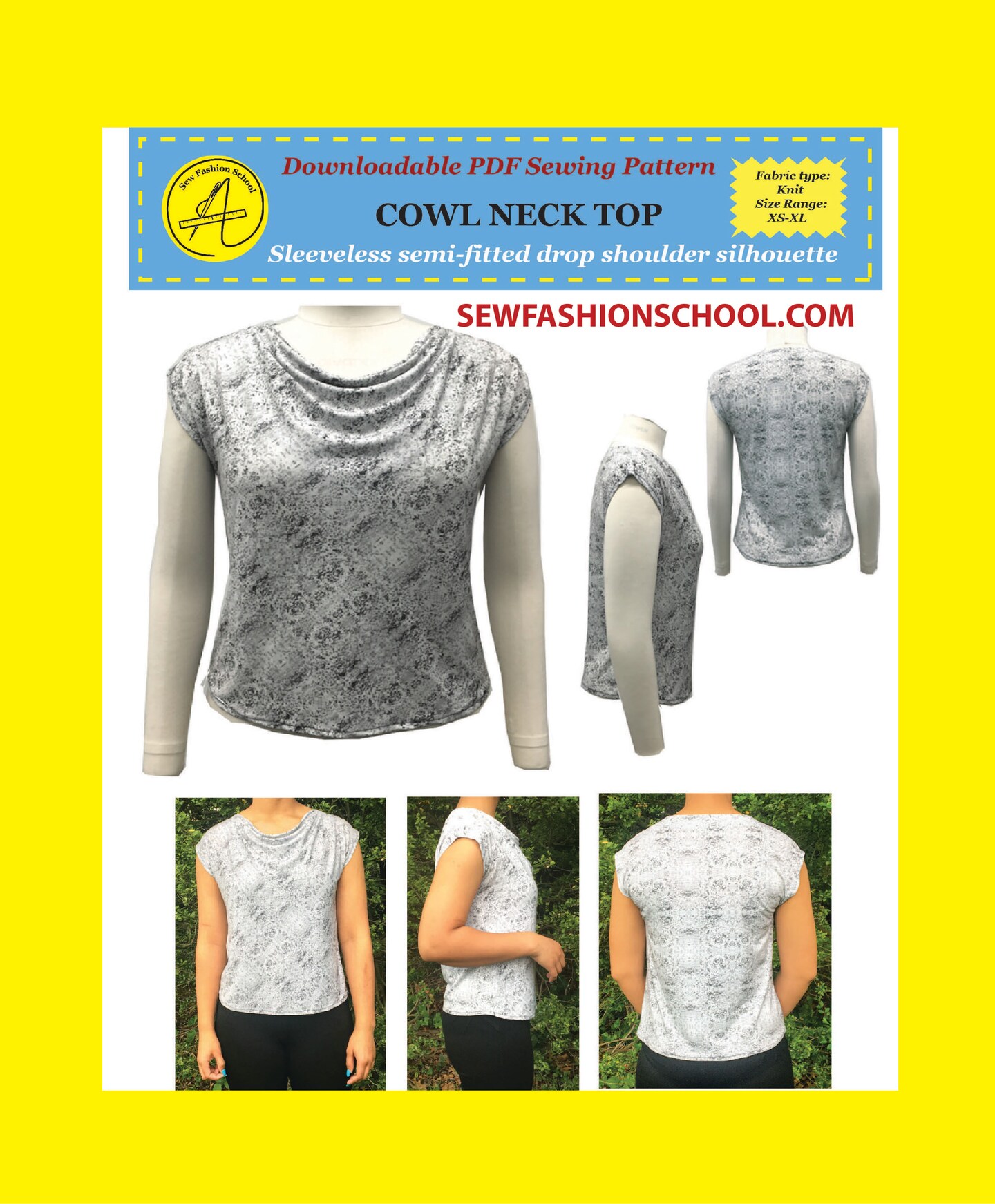 PDF sewing pattern instant digital download women's cowl neck top