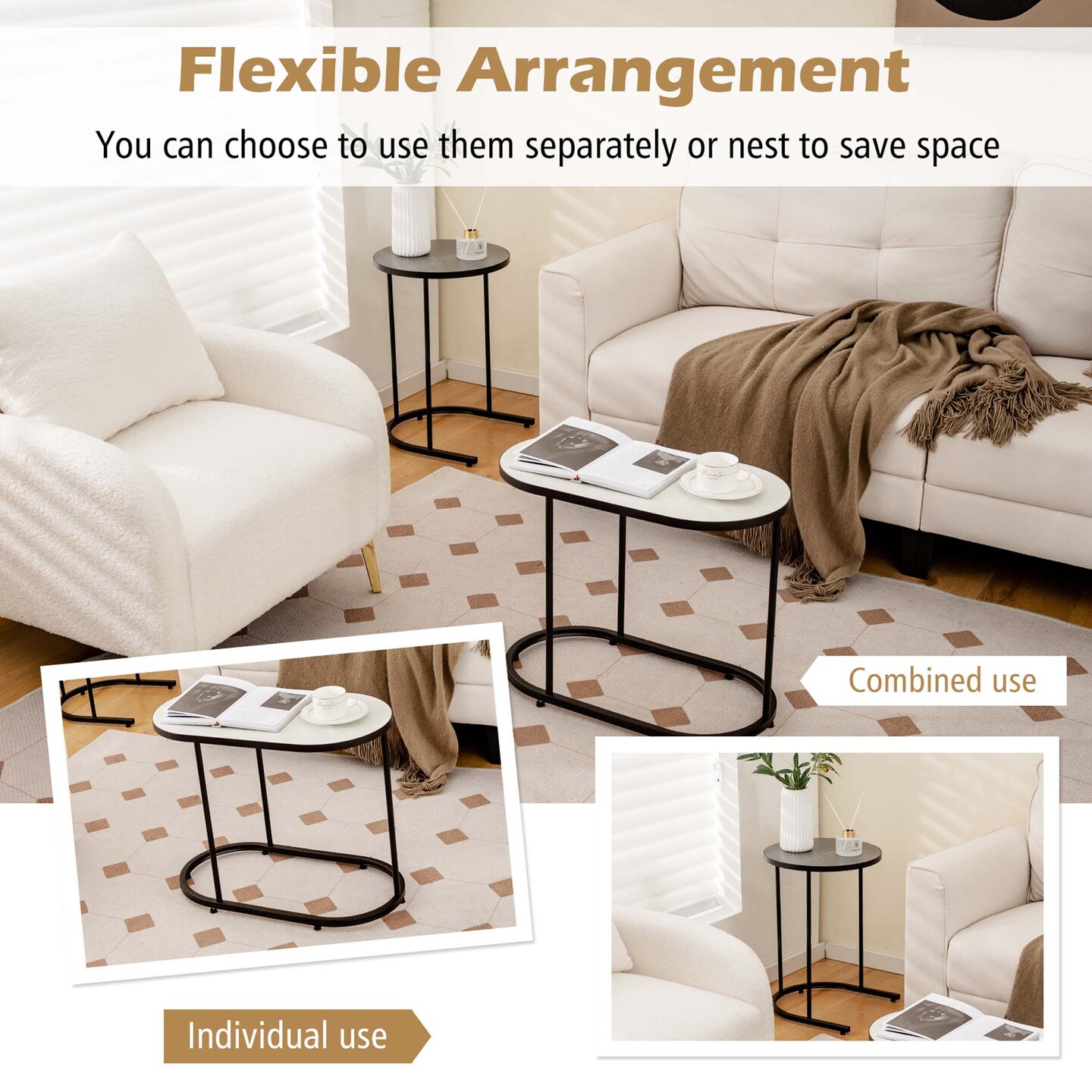 Costway 2-in-1 Design Faux Marble Top Tea Table Nesting Coffee Table Set of 2