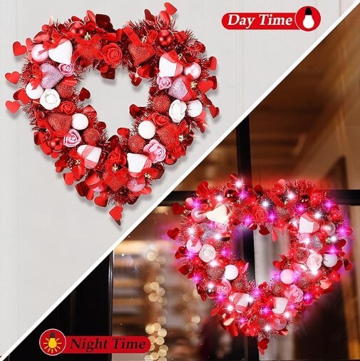 Lighted Valentine&#x27;s Day Wreath Heart Rose Wreath for Front Door Romantic Decor with Timer Light Up Rose Heart Wreath with Glitter Heart Red Pink White Lights for Valentine&#x27;s Day Wedding.
