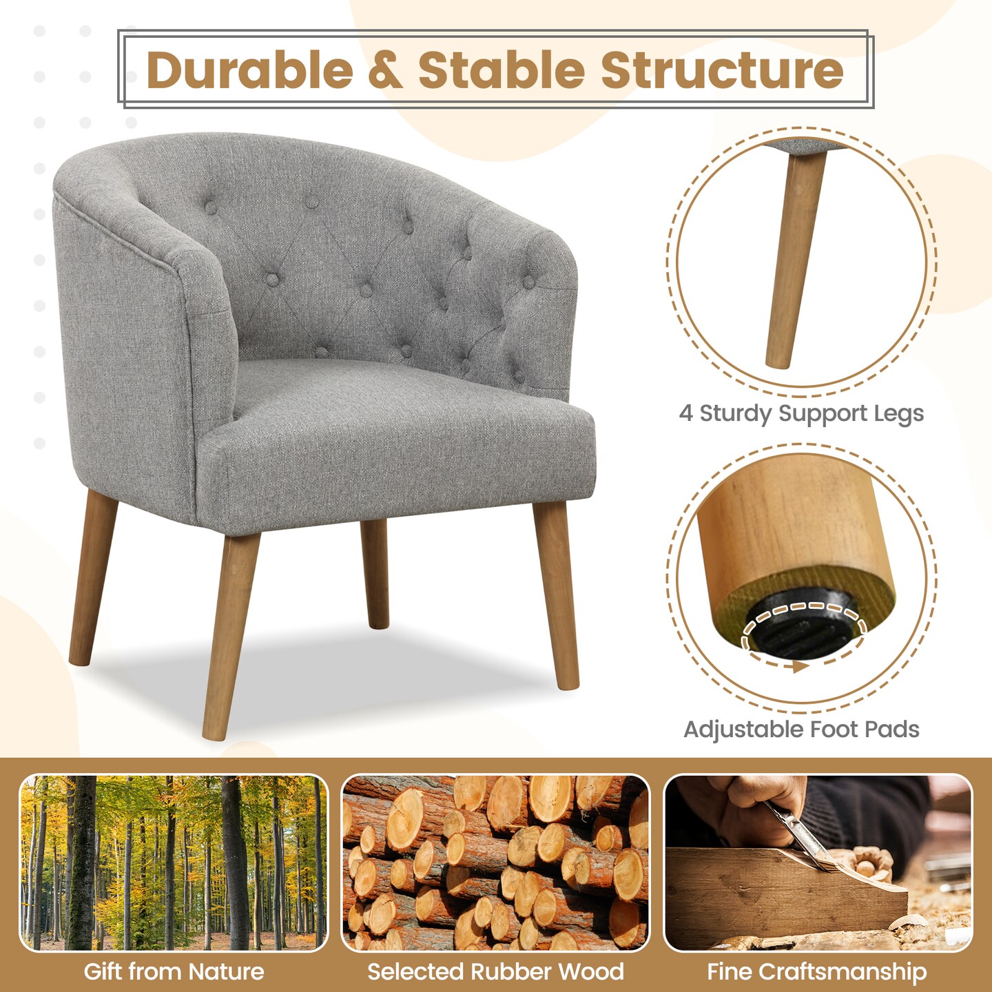 Costway Upholstered Accent Chair Comfy Club Armchair Single Sofa with Rubber Wood Legs