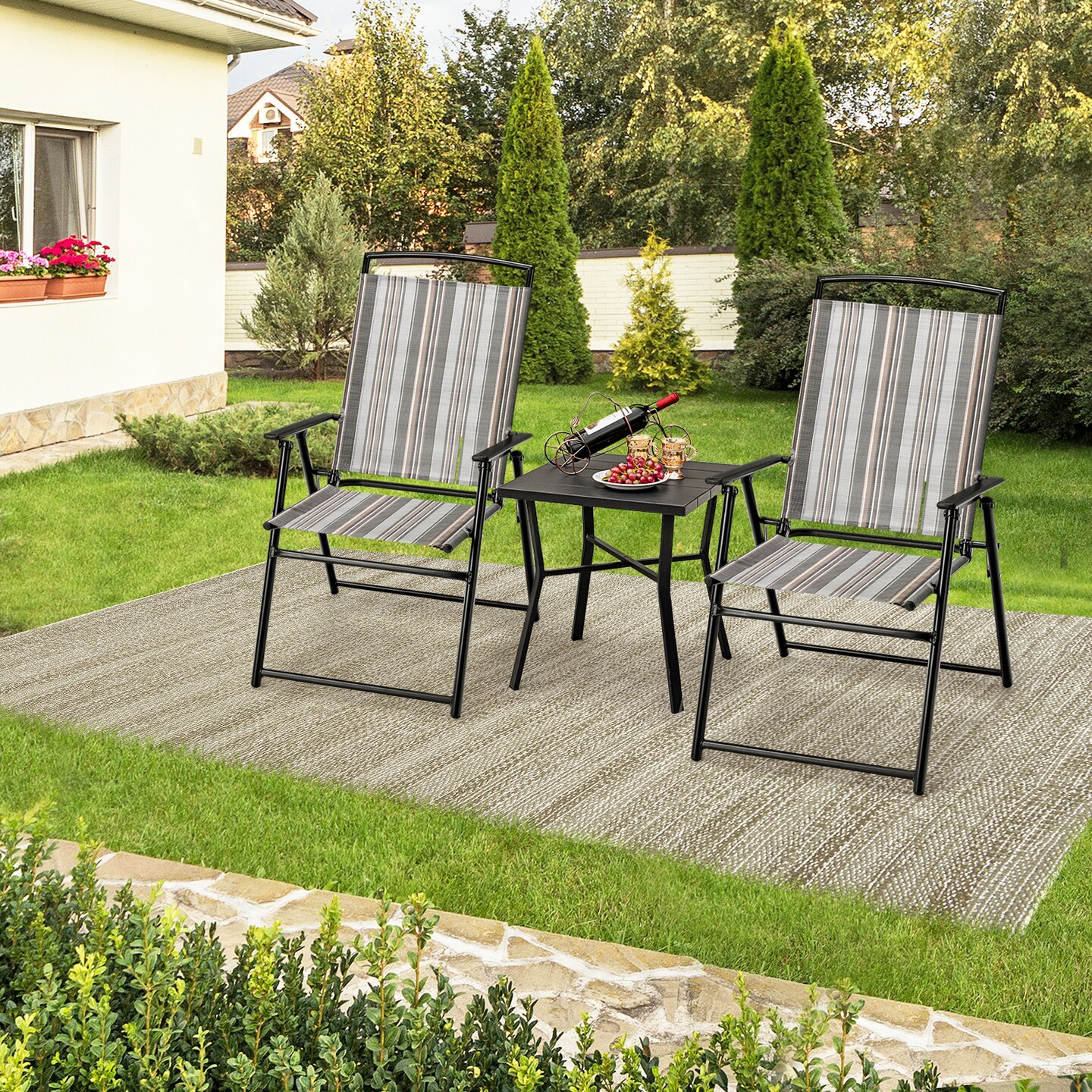 Set of 2 Patio Folding Sling Chairs Space-saving Dining Chair-Grey