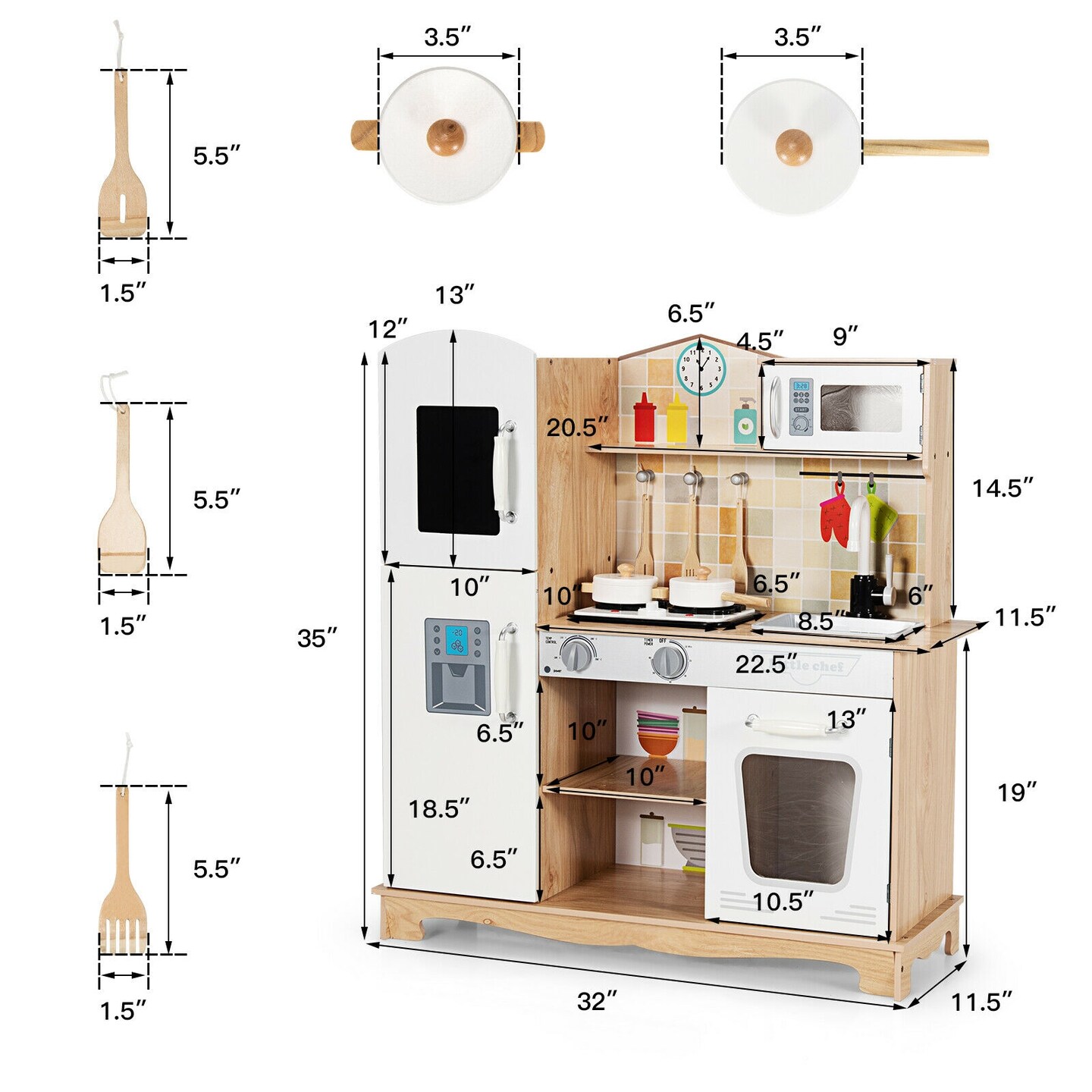 White Natural Kids Kitchen Playset with Stove Oven Sink and Cooking Accessories
