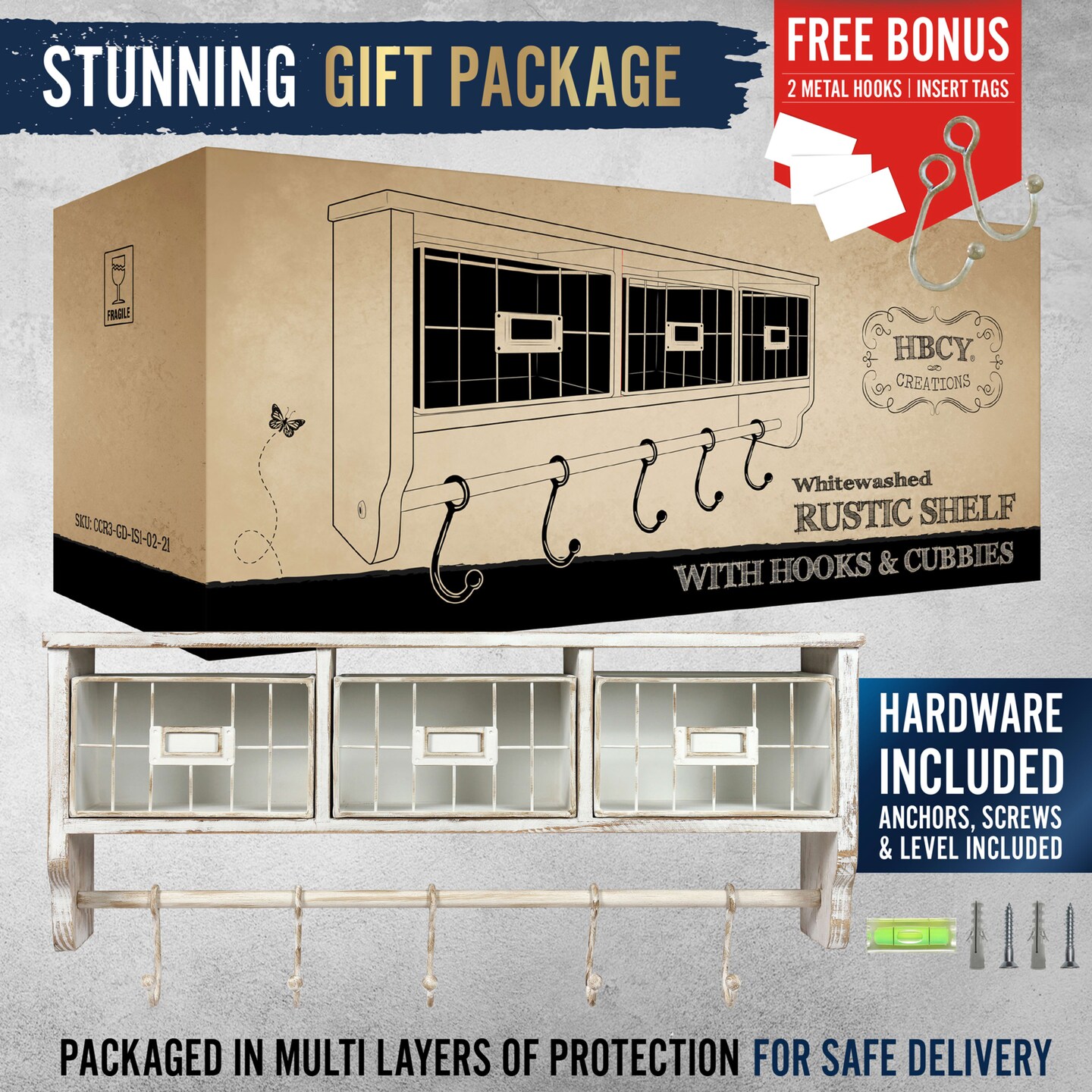 HBCY Creations Rustic Coat Rack Wall Mounted Shelf with Hooks & Baskets, Entryway Organizer Wall Shelf with 5 Coat Hooks and Cubbies