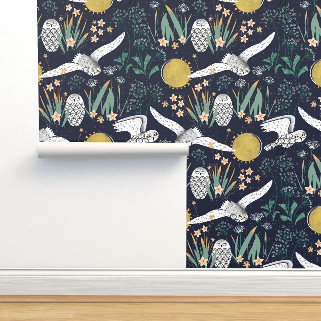 Snowy Owls Botanical Folk Art Xl Scale Jumbo Mid Century Queen Anne Lace Cottagecore Custom Removable Wallpaper by Spoonflower Peel & Stick Wallpaper 2FT Wide