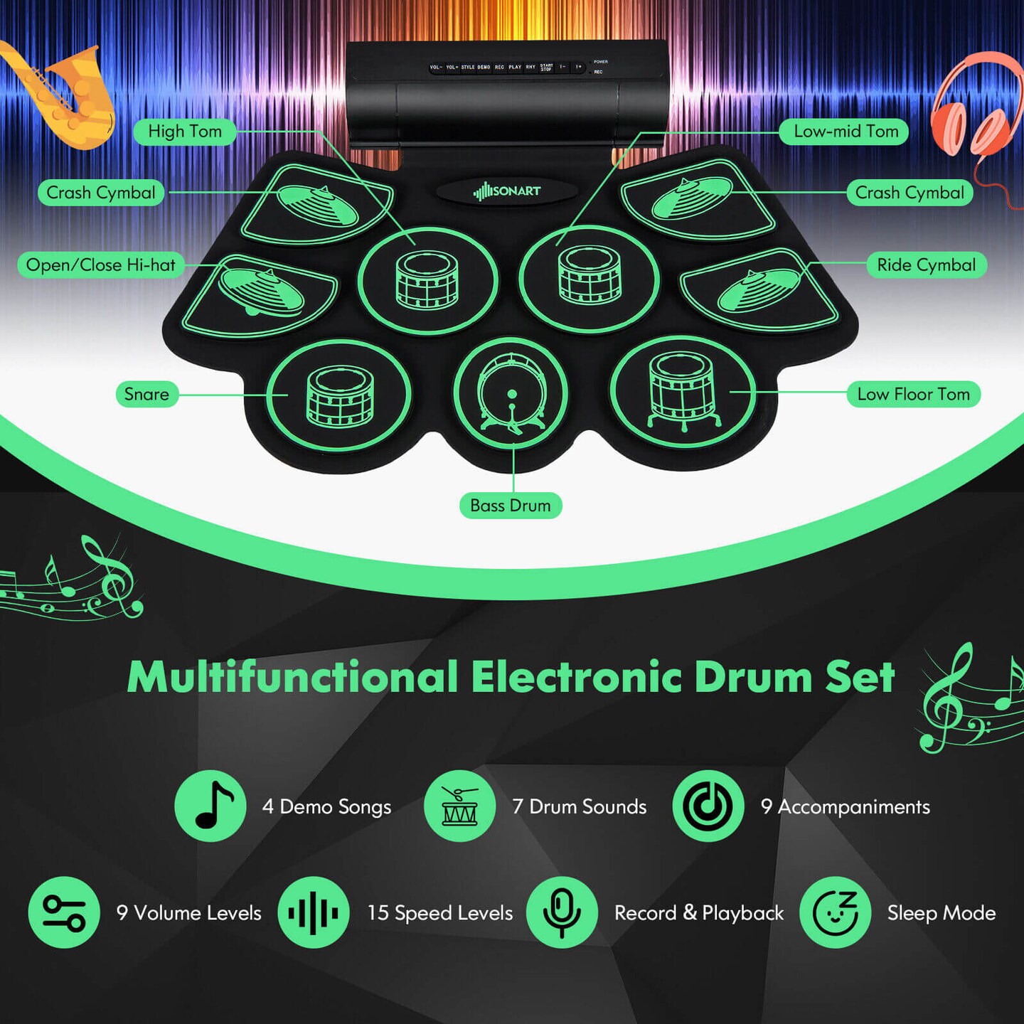 Electronic Drum Set with 2 Build-in Stereo Speakers for Kids