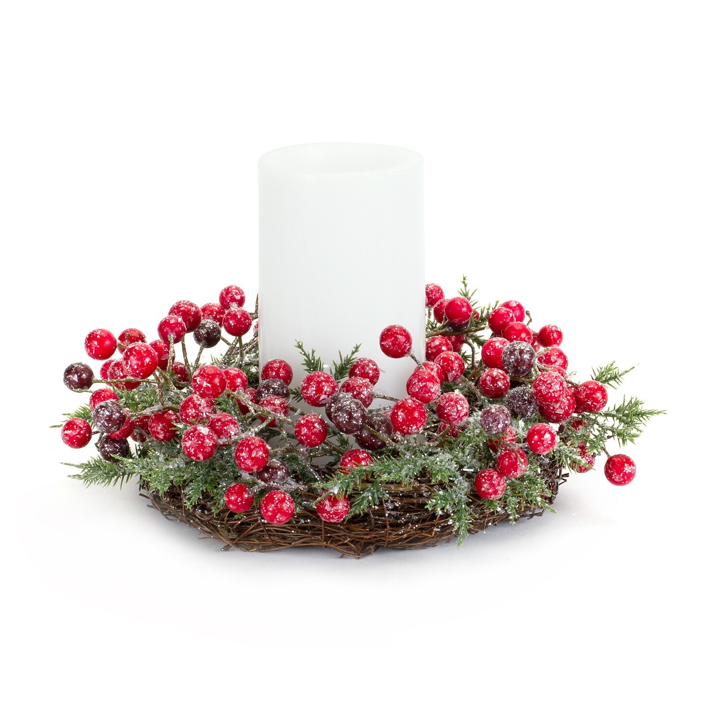 Melrose Set of 6 Pine and Berry Mini Wreath Christmas Candle Rings 10.5&#x22;