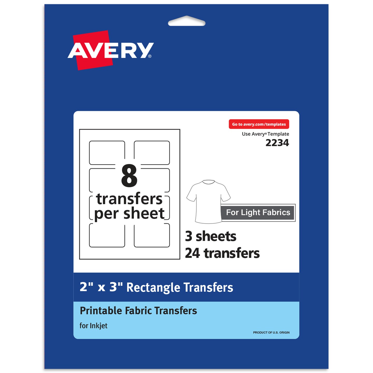 Avery Light Transfer Paper for T-Shirts, 2&#x22; x 3&#x22; Pre Die-Cut Iron-On Rectangle Transfers, Print-to-the-Edge, 3 Sheets of Heat Transfer Paper, 24 Total (02234)
