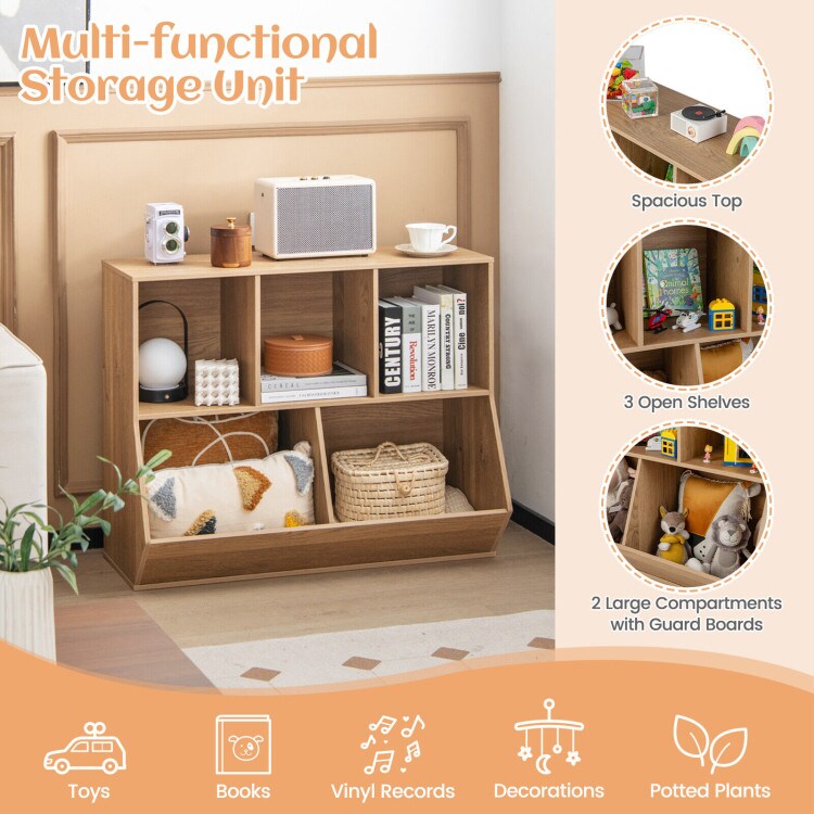 5-Cube Wooden Kids Bookshelf Organizer with 3 Upper Cubes for Books and 2 Large Cubes for Toys