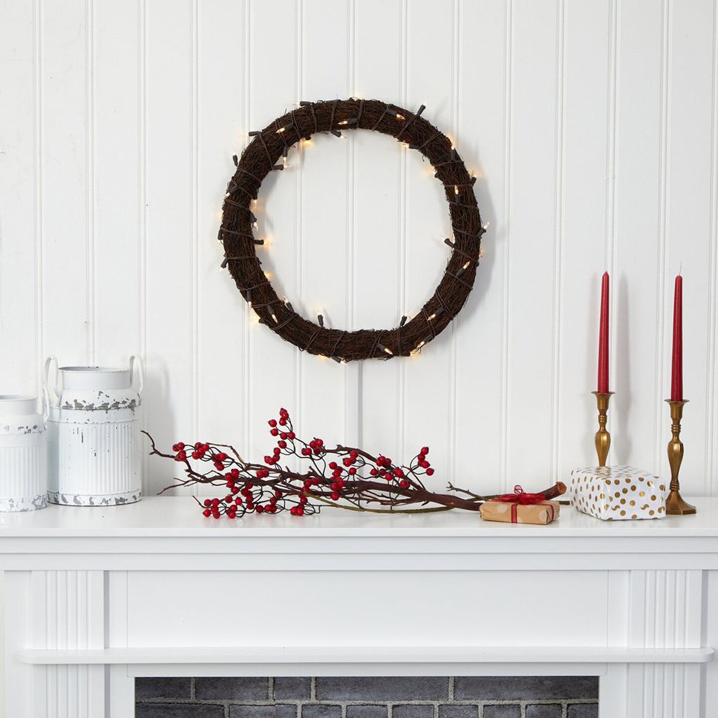 Nearly Natural Modern Holiday Decorative 20&#x22; Vine Wreath with 50 White Warm LED Lights