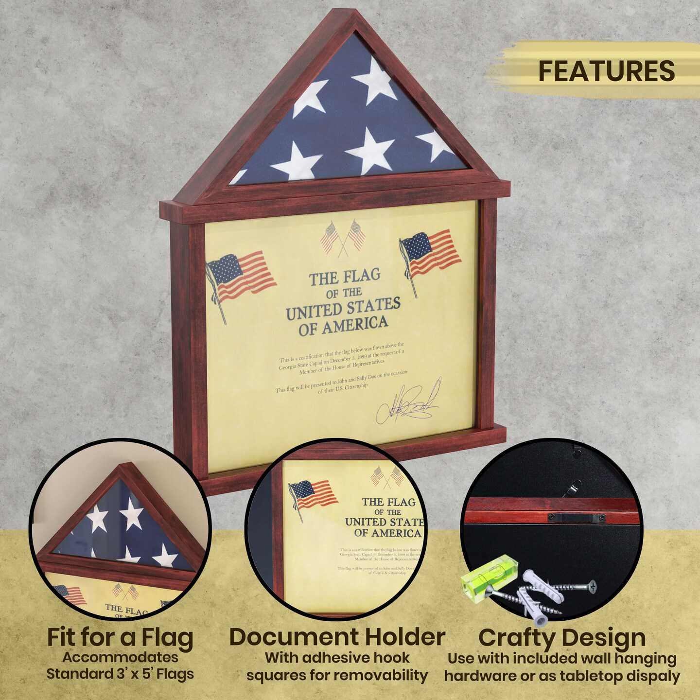 HBCY Creations Memorial Flag, Certificate And Shadow Box Display Case Small - Solid Wood