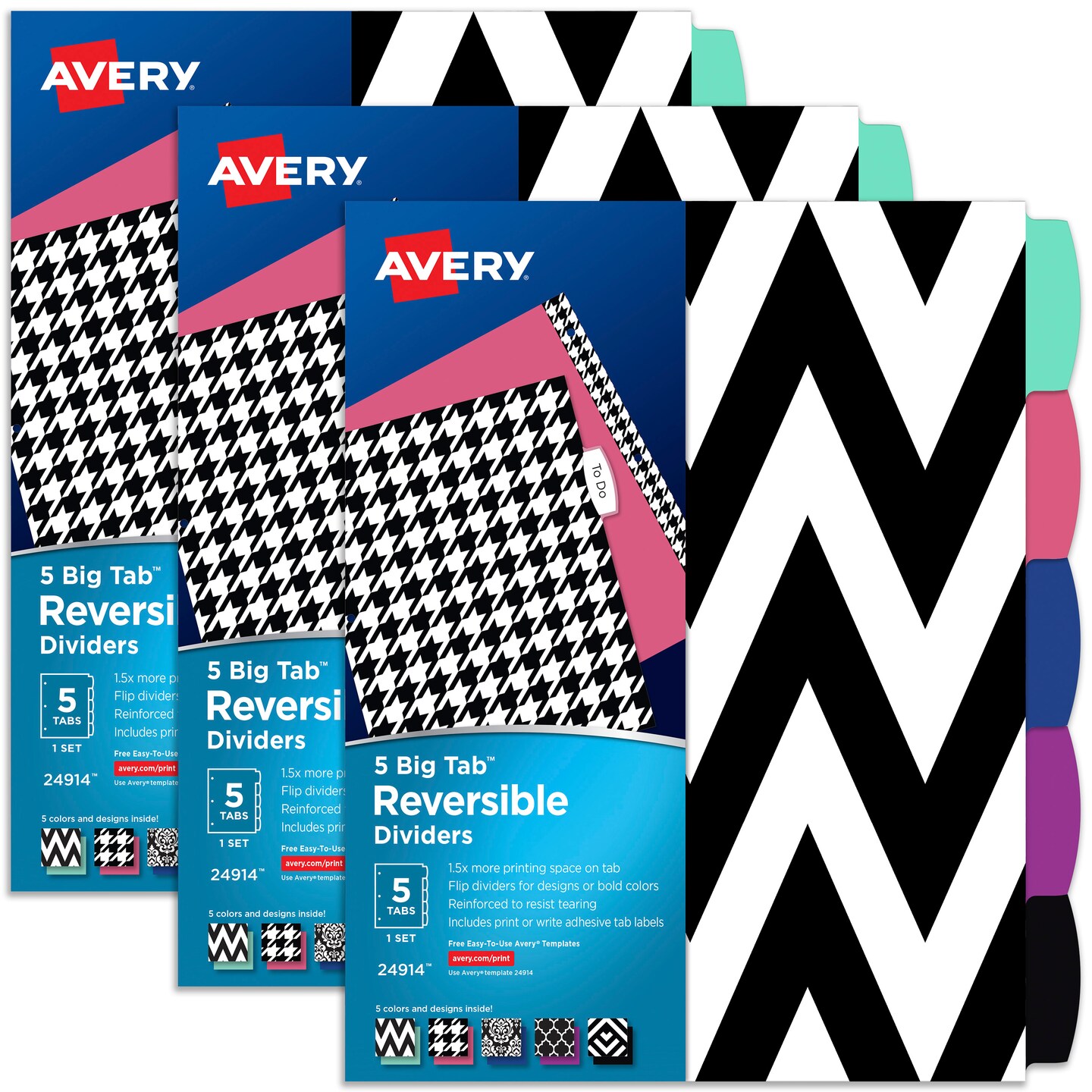 Avery Reversible Fashion Big Tab Dividers for 3 Ring Binder, Assorted Designs, 5 Tab Set, 3 Packs, 3 Sets Total (24914)
