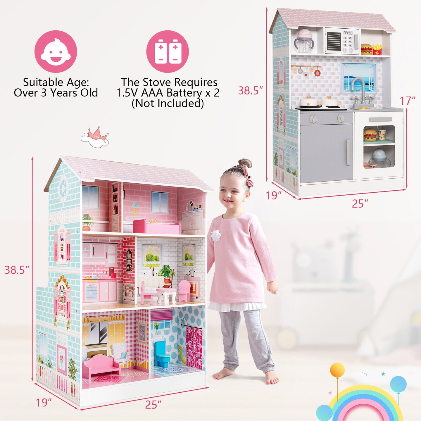 2-In-1 Double Sided Kids Kitchen Playset and Dollhouse with Furniture