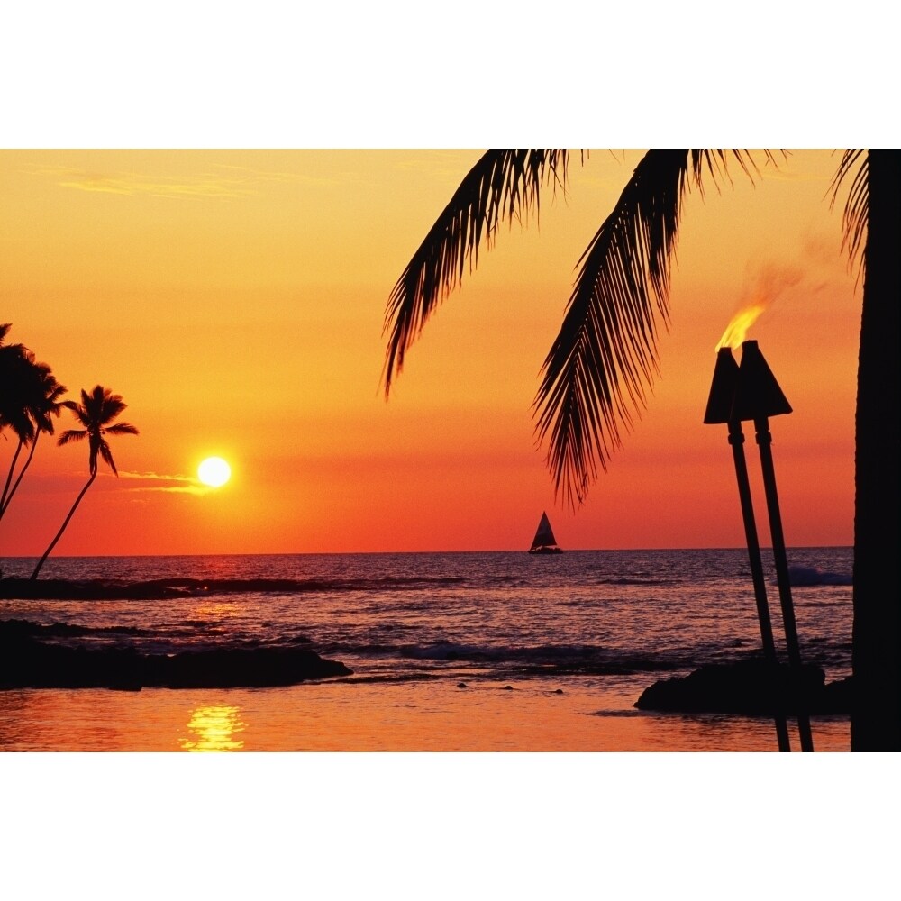 Hawaii Big Island Kohala Waiulua Bay Orange Sunset With Palm Trees Sailboat And Tiki Torches. Print