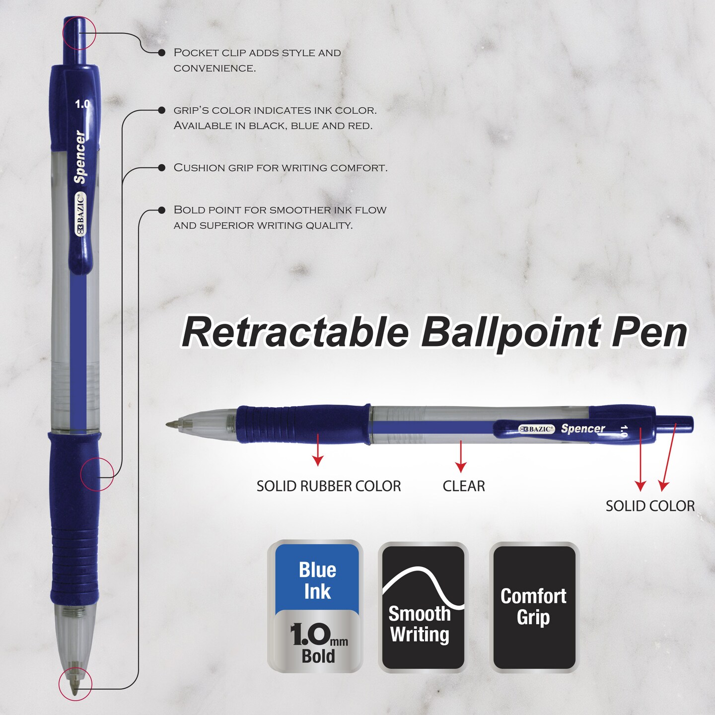 BAZIC Spencer Blue Retractable Pen w/ Cushion Grip (5/Pack)