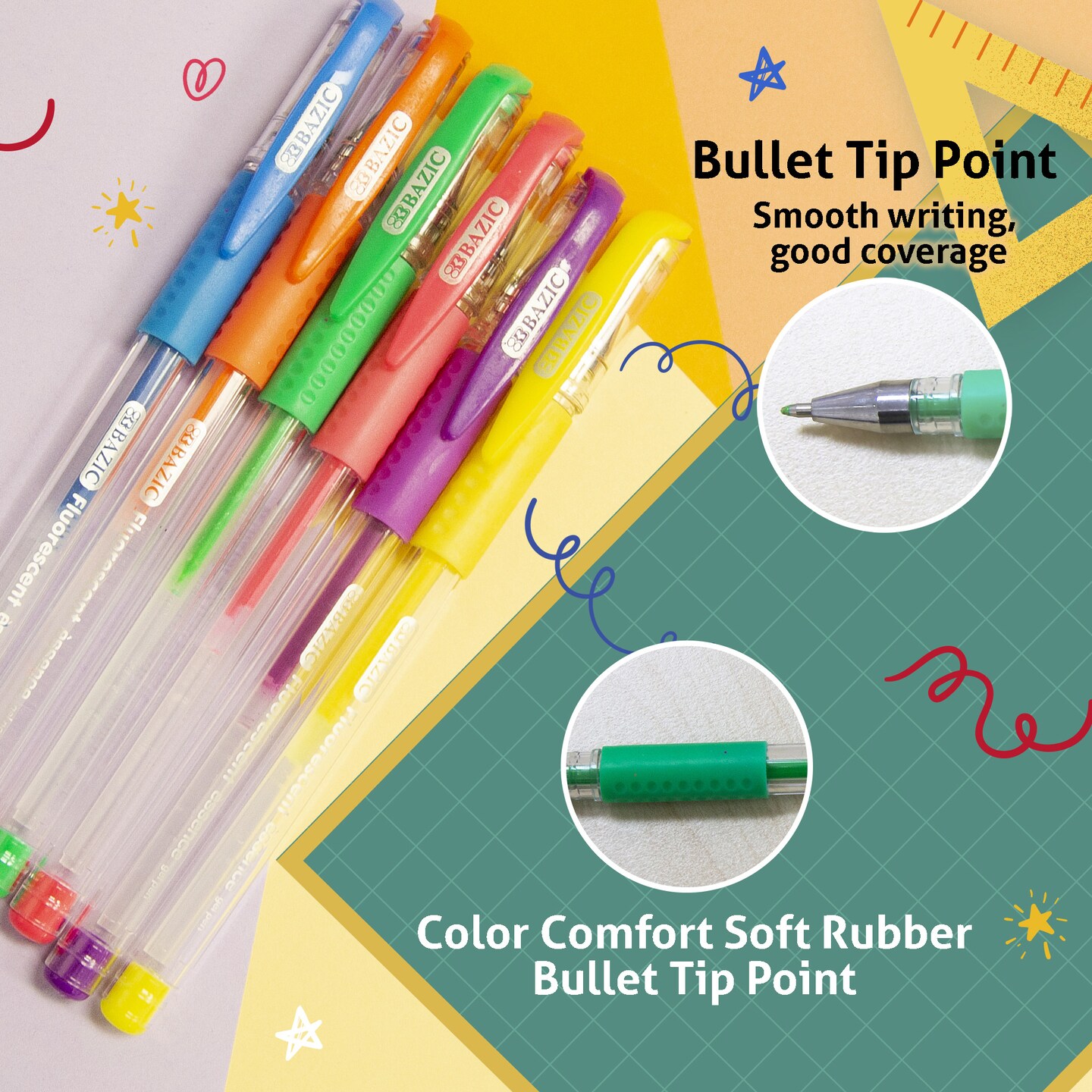 BAZIC Essence Gel Pen 6 Fluorescent Color w/ Cushion Grip