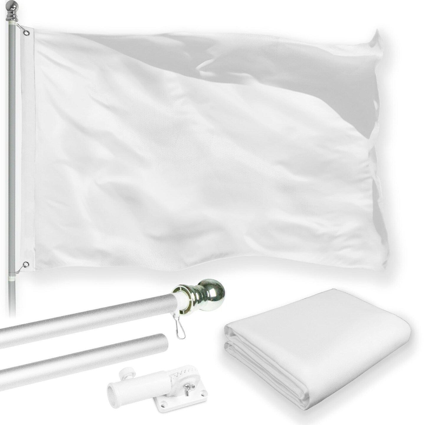G128 Combo Pack: 6 Feet Tangle Free Spinning Flagpole (Silver) Solid White Flag 3x5 ft Printed 150D Brass Grommets (Flag Included) Aluminum Flag Pole