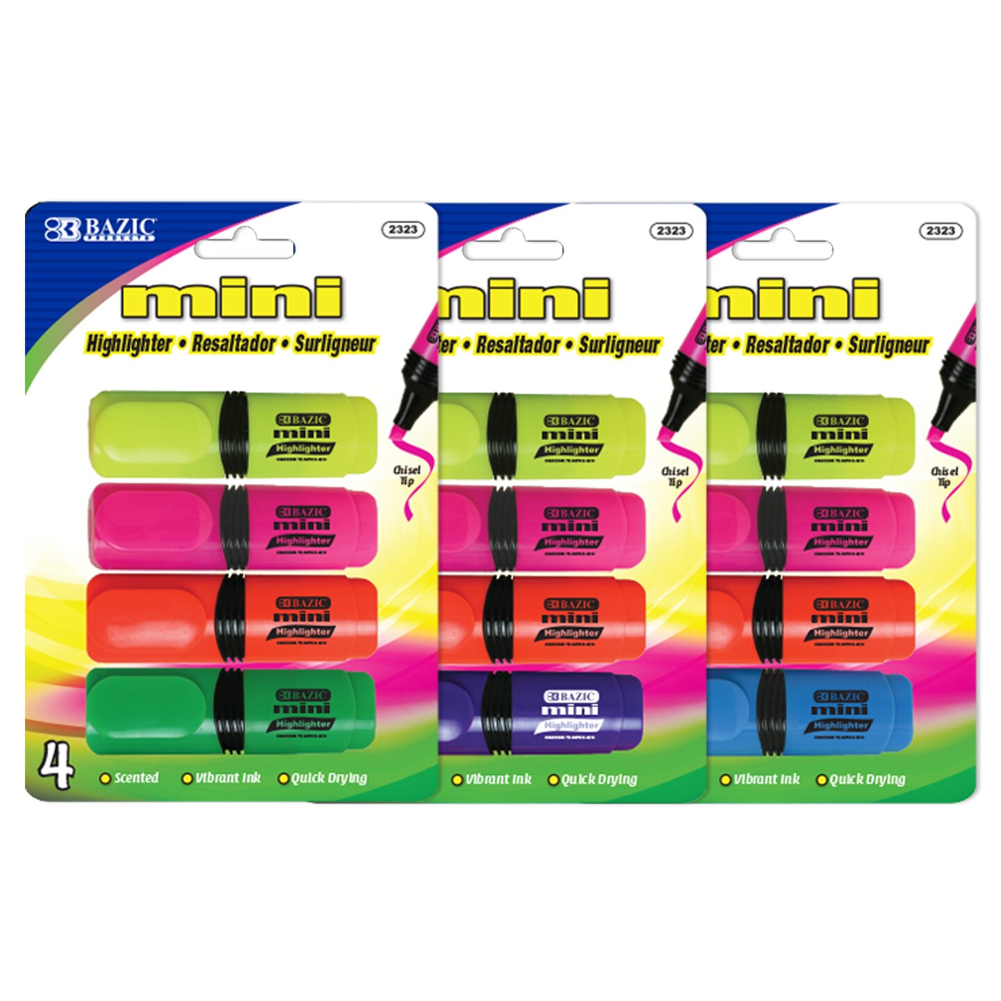BAZIC Desk Style Fluorescent Highlighters Mini Asst Color (4/Pack)