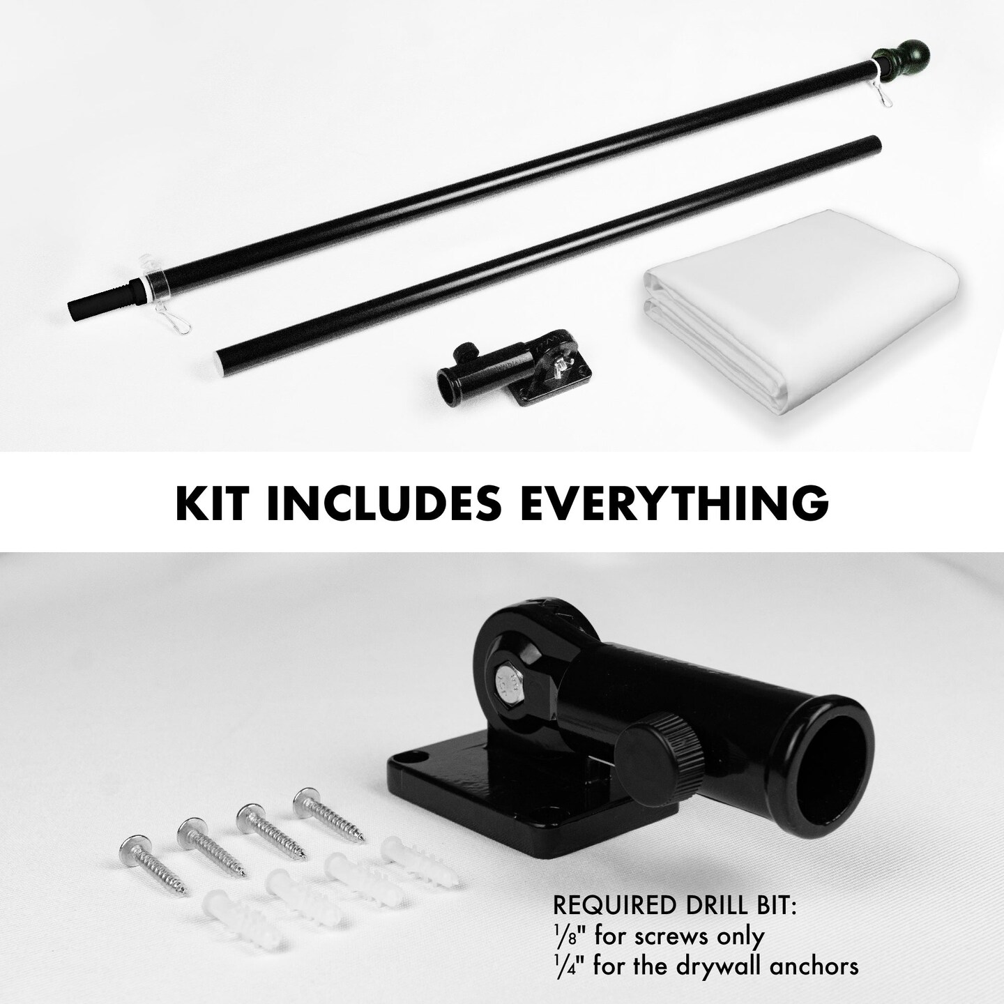 G128 Combo Pack: 6 Feet Tangle Free Spinning Flagpole (Black) Solid White Flag 3x5 ft Printed 150D Brass Grommets (Flag Included) Aluminum Flag Pole