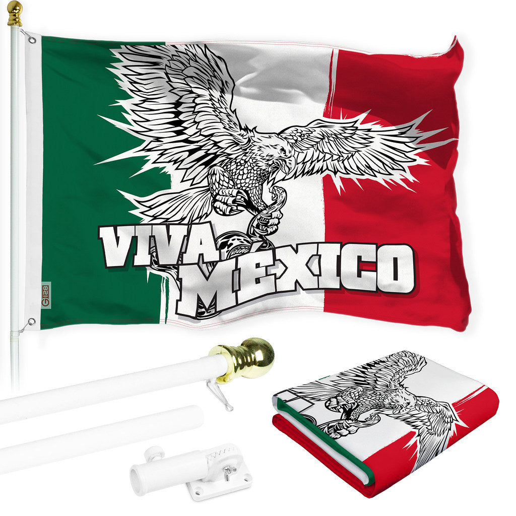 G128 Combo Pack: 6 Ft Tangle Free Spinning Flagpole (White) & Mexico Viva Mexico Flag 3x5 Ft Printed 150D Polyester, Brass Grommets (Flag Included) Aluminum Flag Pole