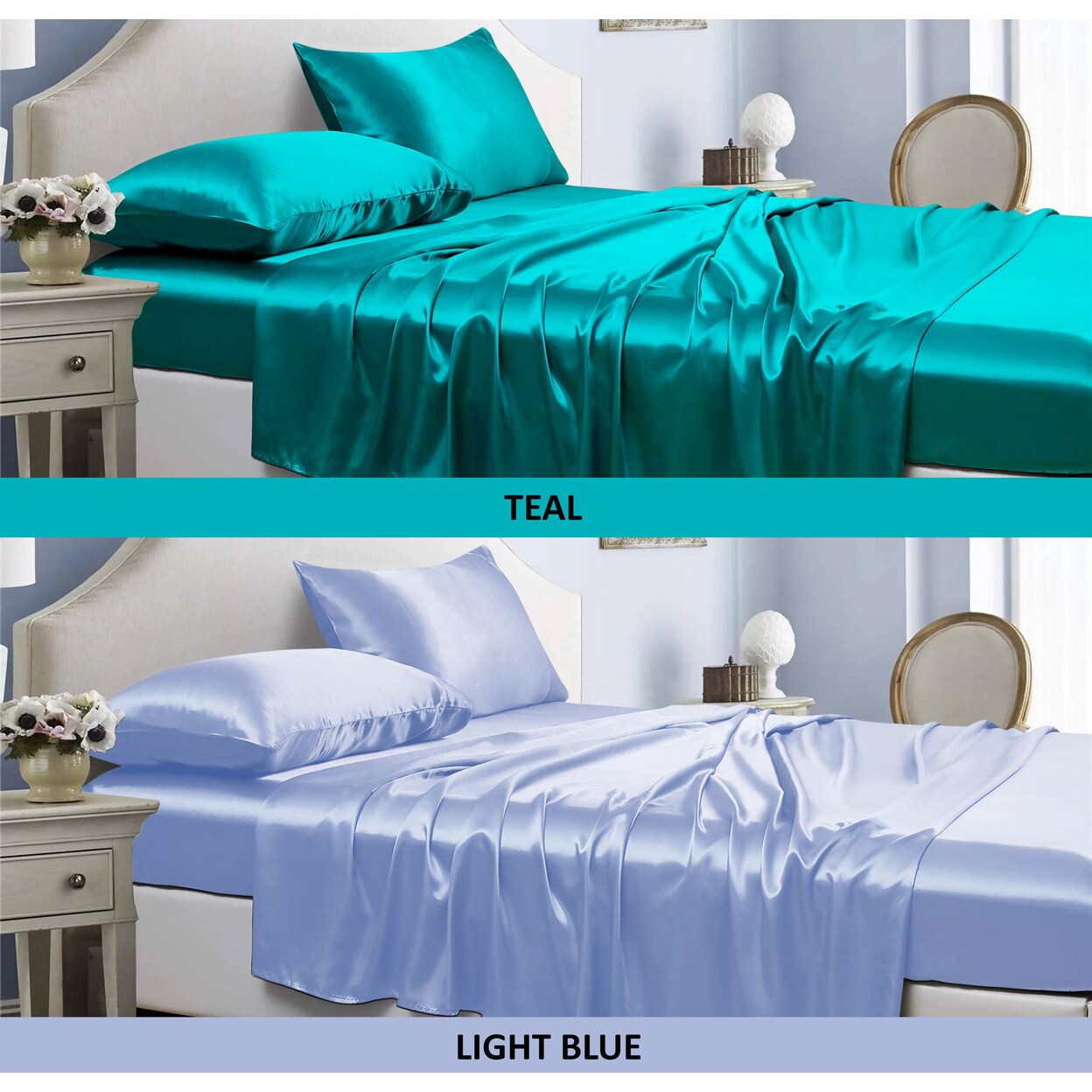 Bibb Home Satin 4 Piece Sheet Set 100% Polyester Deep Pocket