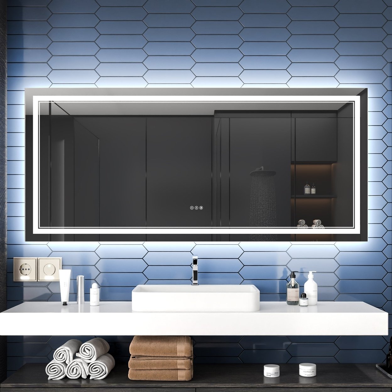 Allsumhome Linea 72&#x22; W x 32&#x22; H LED Heated Bathroom MirrorAnti FogDimmableFront-Lighted and Backlit Tempered Glass
