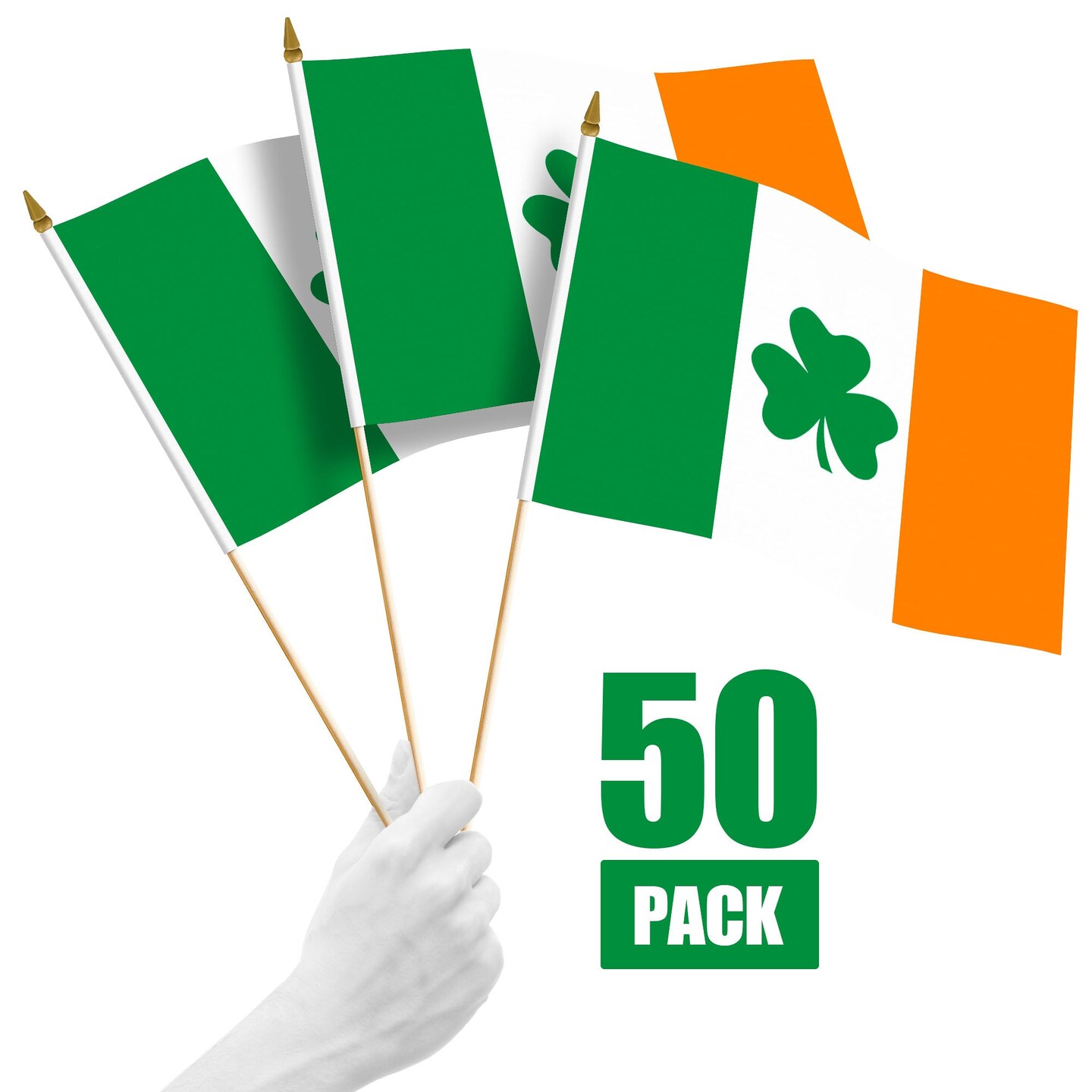 G128 50 Pack Handheld Ireland Shamrock Irish Stick Flags | 12x18 In | Printed 150D Polyester, Country Flag, Solid Wooden Stick, Spear Gold Tip