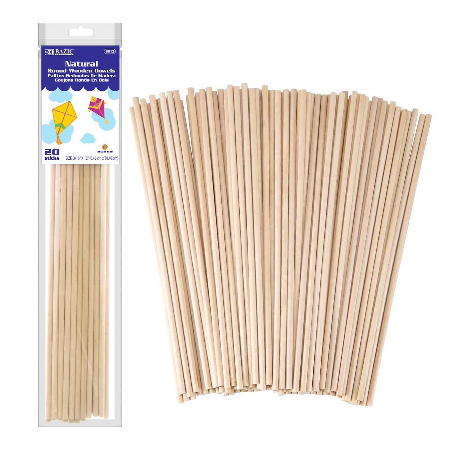 BAZIC Wooden Dowel Round Natural 3/16&#x22; x 12&#x22; (20/Bag)