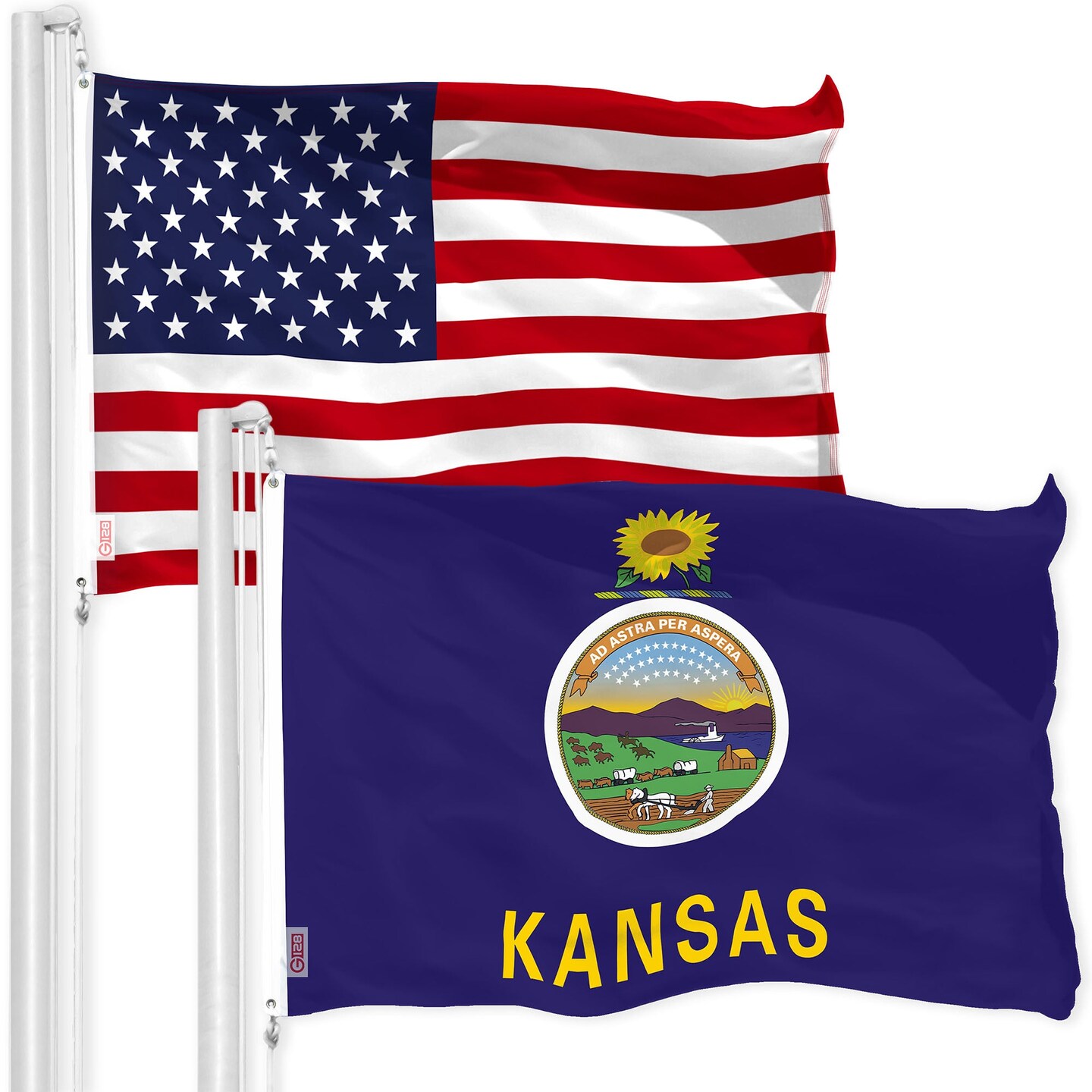 G128 Combo Pack: American USA Flag 150D 3x5 Ft &#x26; Kansas Flag 300D 3x5 Ft, Indoor/Outdoor, Brass Grommets