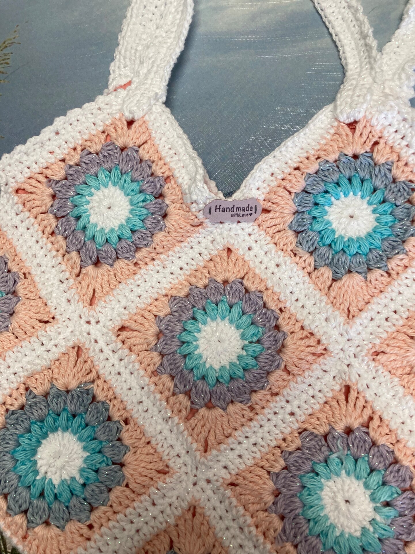 Handmade Granny Square Sunflower Hand or Shoulder Bag.Peachy
