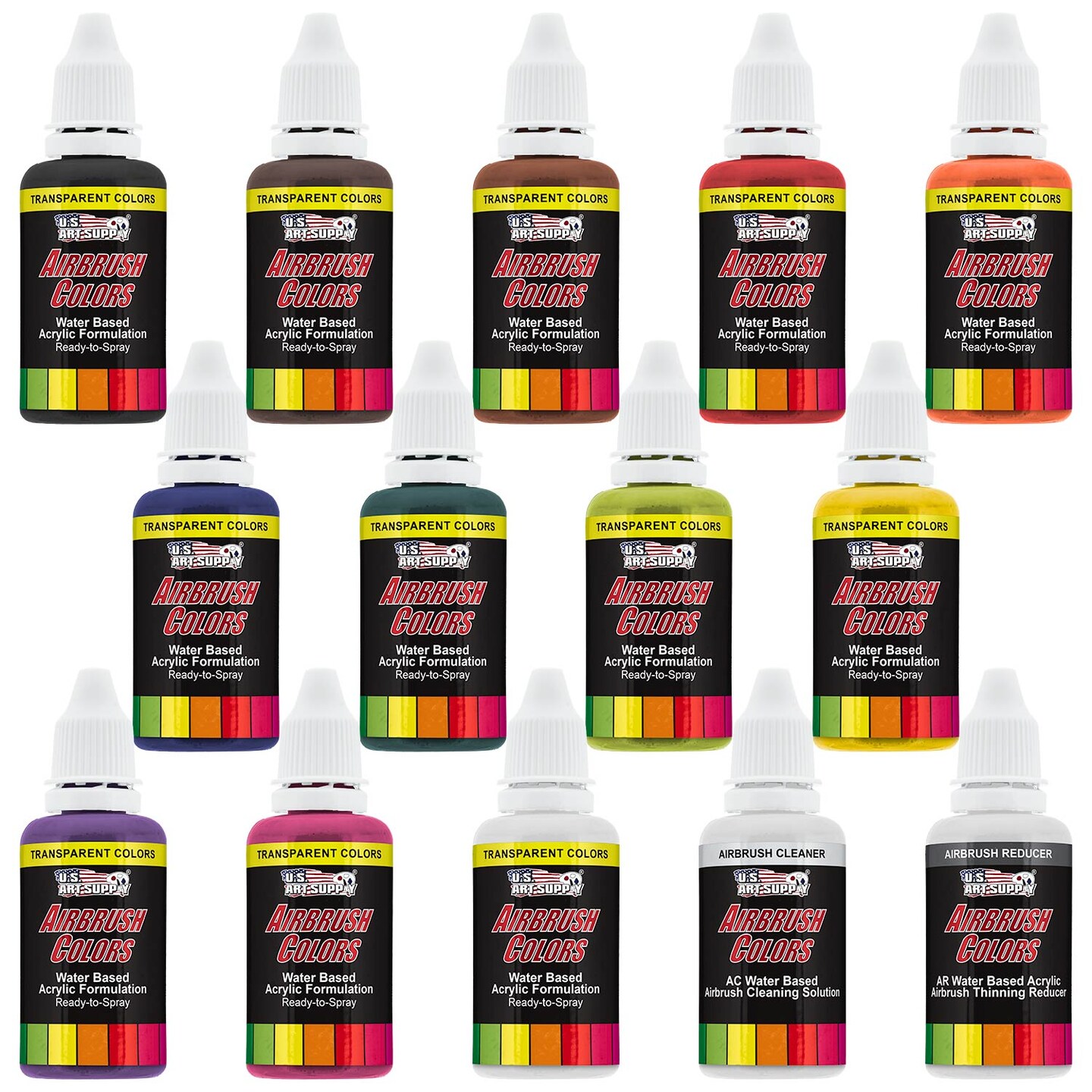 12 Color Acrylic Transparent Colors Airbrush Paint Set with Reducer &#x26; Cleaner, 1 oz. Bottles