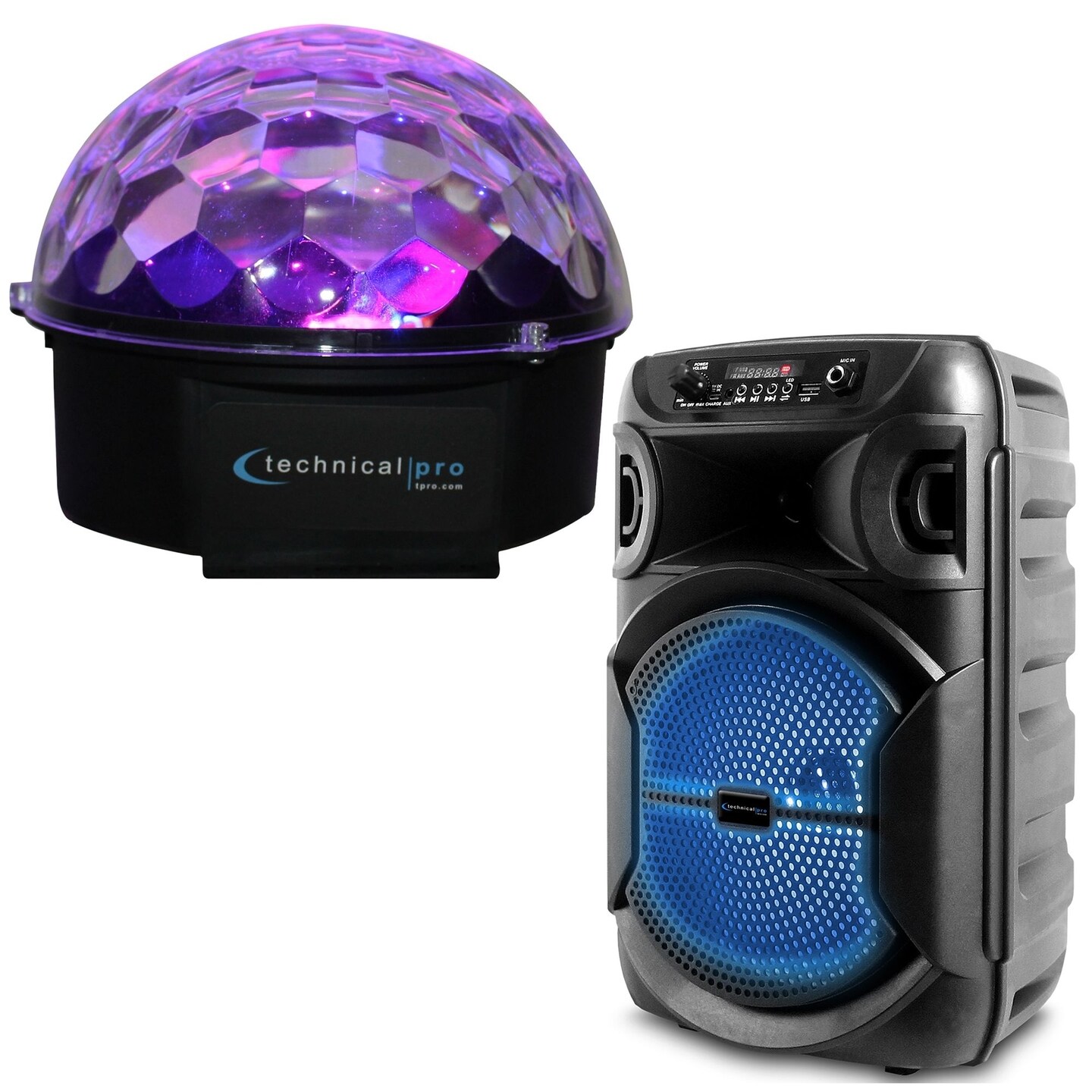 Technical Pro Rotating LED DJ Light 6 Colors LED w/ 4 Selectable Color Patterns for Party and 8&#x22; Portable 1000 watts Bluetooth Speaker