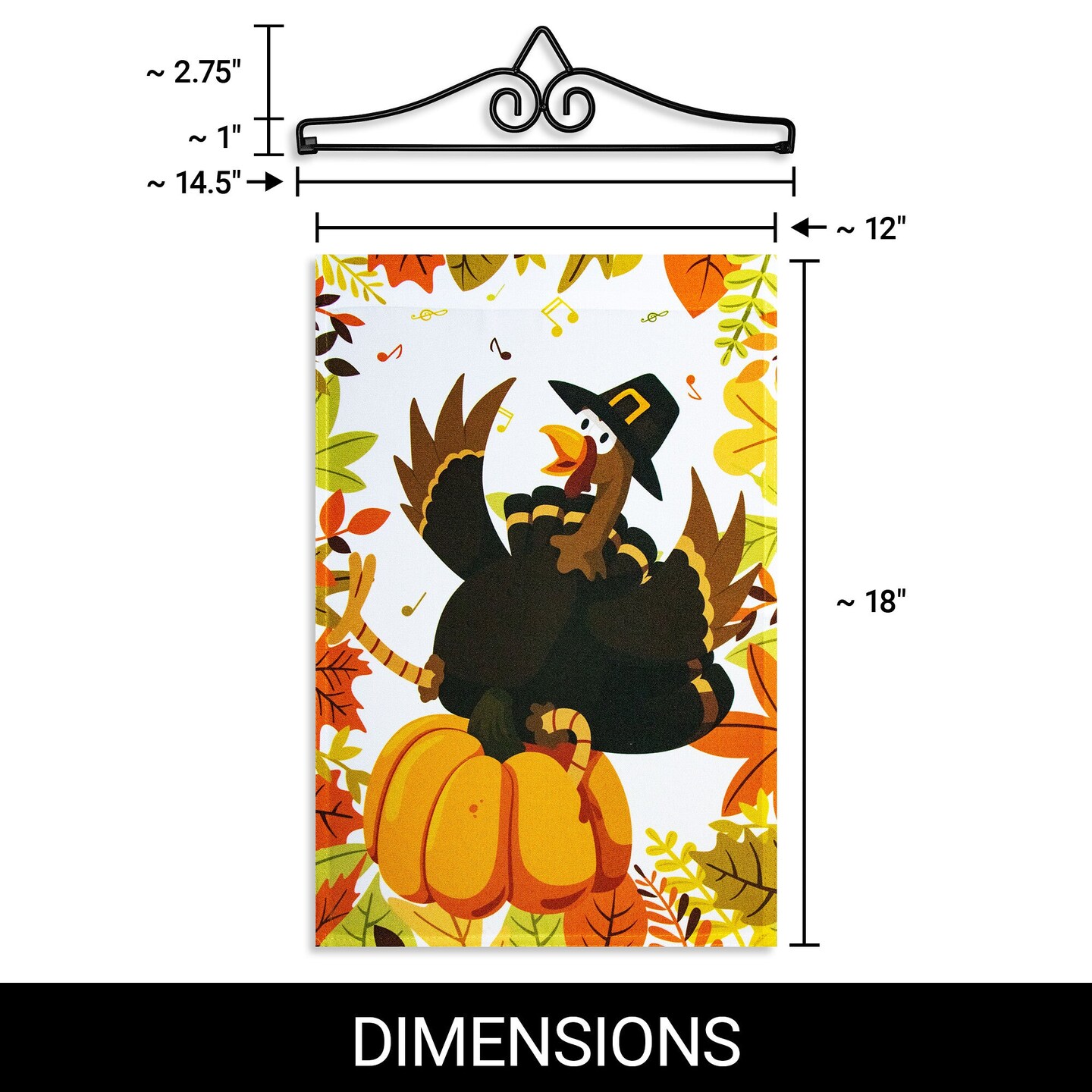 G128 Combo Pack Garden Flag Hanger 14IN & Garden Flag Pilgrim Turkey with Pumpkin 12x18IN Printed 150D Polyester