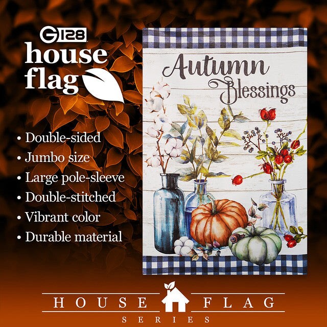 G128 House Flag Autumn Blessings Pumpkins and Flower Vases | 28x40 Inch | Printed Blockout Polyester - Fall Decoration