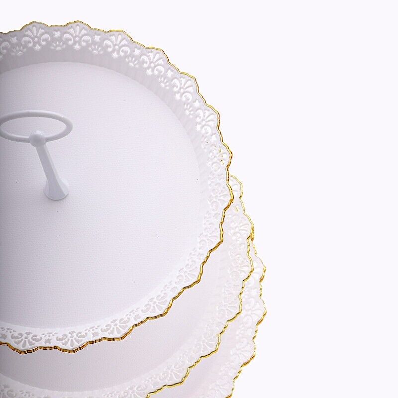 15" Metallic White Gold 3 Tier Plastic Cupcake Stand Round Tower Lace