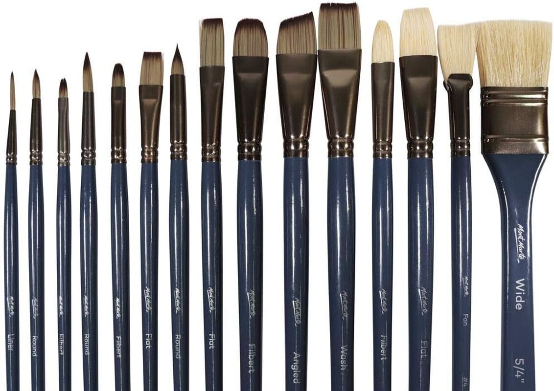 Mont Marte Premium Paint Brush Set 15 Piece, Includes 15 Different Brushes  in a Roll Case with Magnetic Closure, Suitable for Watercolour, Acrylic and Oil  Painting