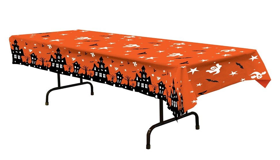 Party Central Haunted House Disposable Halloween Tablecloths - 108&#x22; - Orange and Black - Club Pack of 12