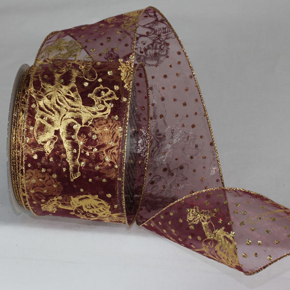 The Ribbon People Wine Red and Shimmering Gold Musical Angels Christmas Wired Craft Ribbon 3" x 20 Yards