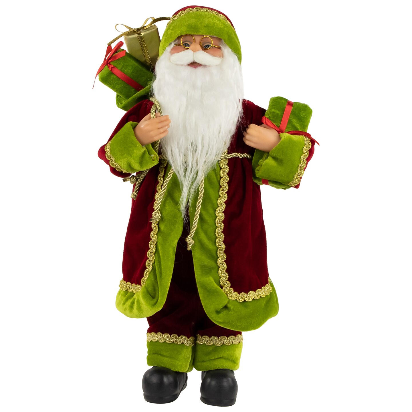 Northlight 16&#x22; Burgundy and Bright Green Santa Claus with Gifts Christmas Figure