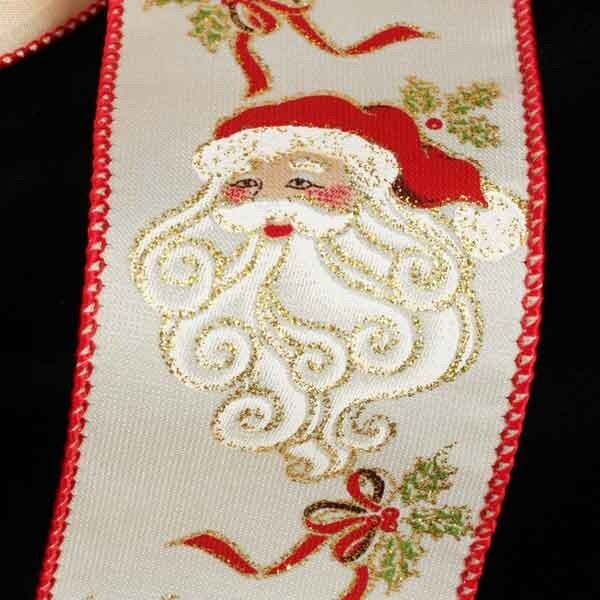 The Ribbon People Ivory and Red Big Beard Santa Print Wired Craft Ribbon 2.5&#x22; x 20 Yards