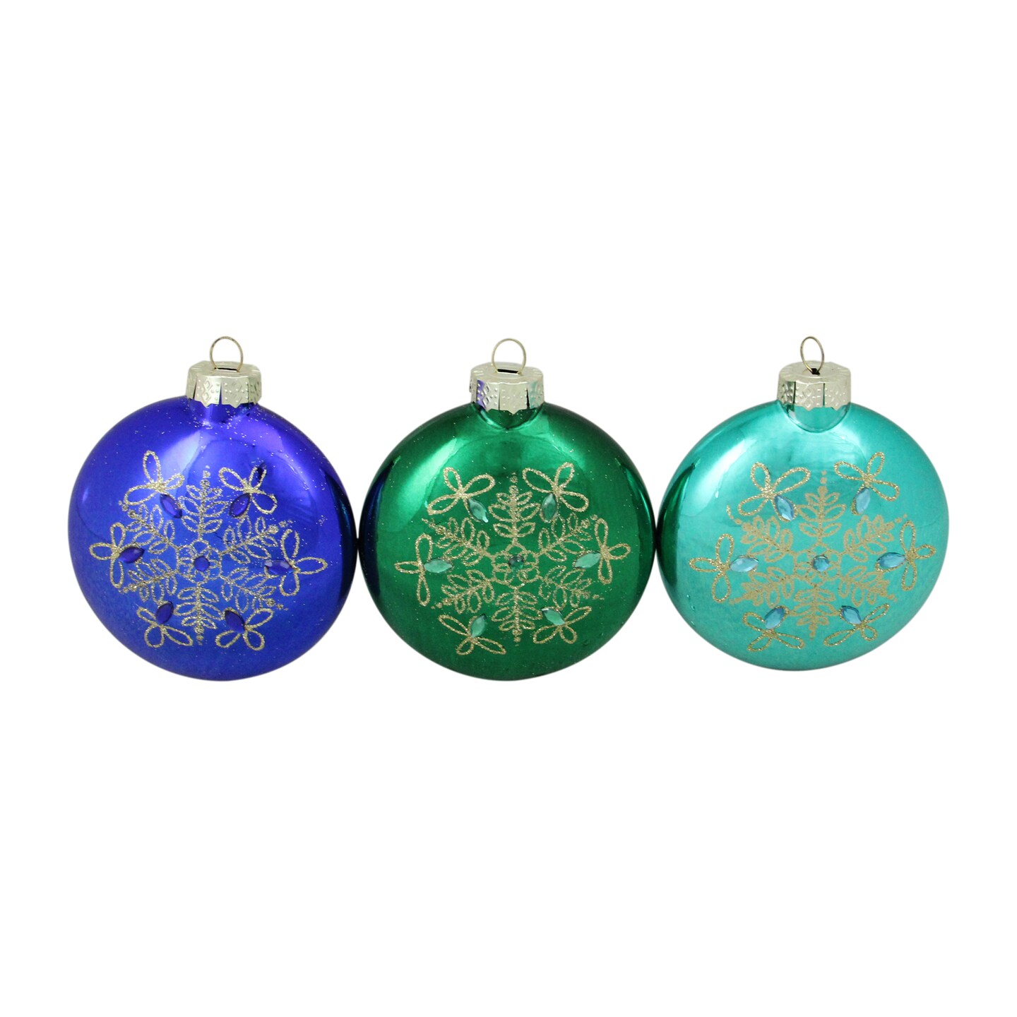 Northlight Snowflake Glass Disc Christmas Ornaments - 3.25&#x22; (82mm) - Blue and Green - Set of 3
