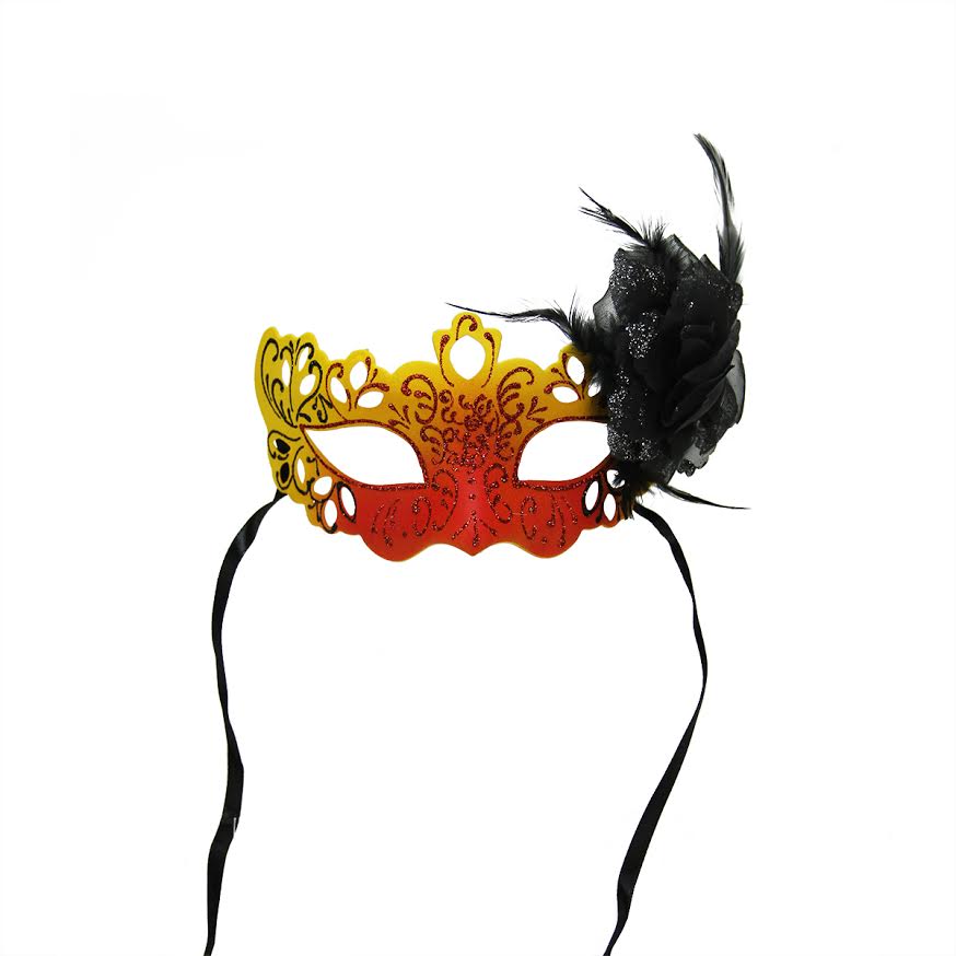 Gallerie II 7" Orange, Yellow and Black Glittered Faux Feathered Halloween Masquerade Mask
