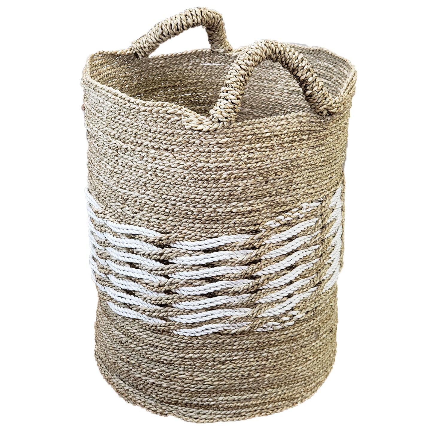 Stoneage Arts Inc 19&#x22; Gray, White, and Beige Seagrass and Raffia Basket Handcrafted with Genuine Human Touch