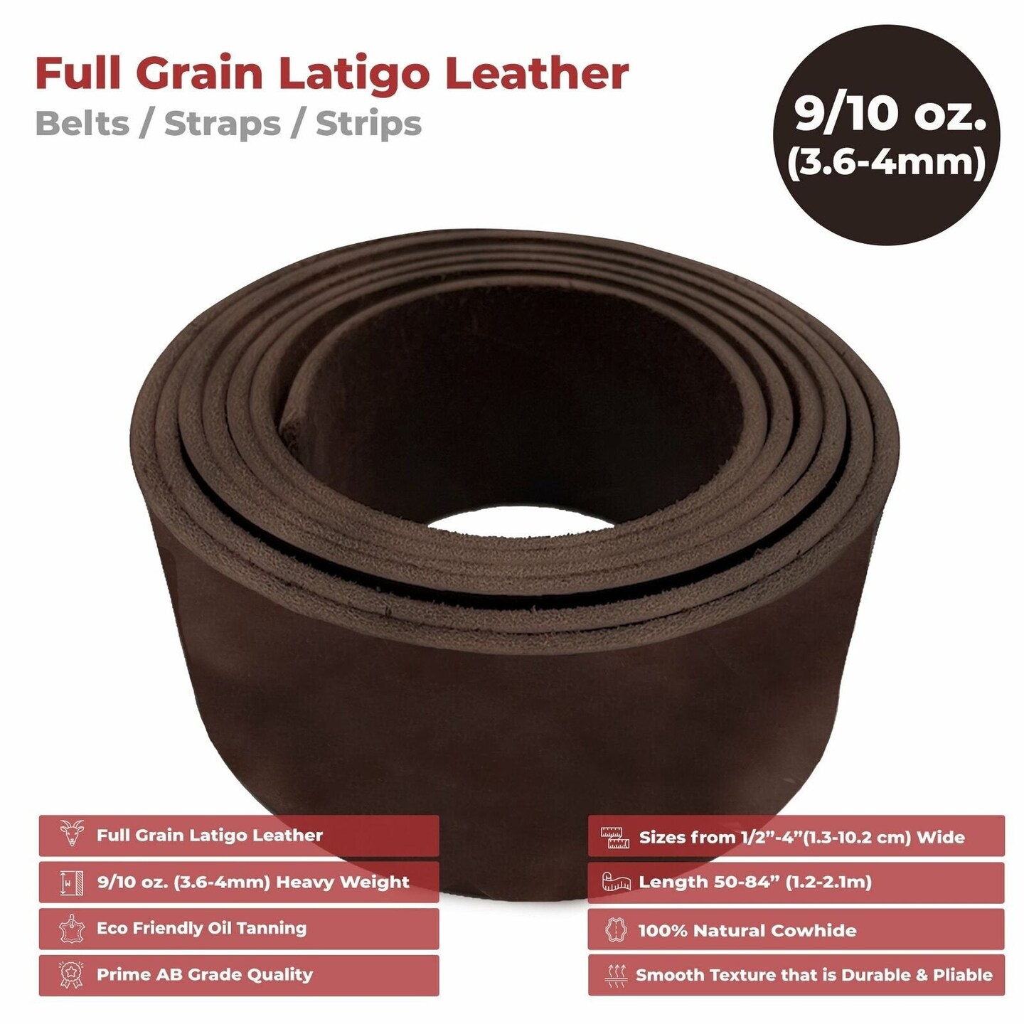 ELW 9-10 oz (3.6-4mm) Latigo Leather Straps Belt Grade 60&#x22; Cowhide Strips Heavy Duty Holsters, Sheathes, Harness, Saddle, Armor, Collars